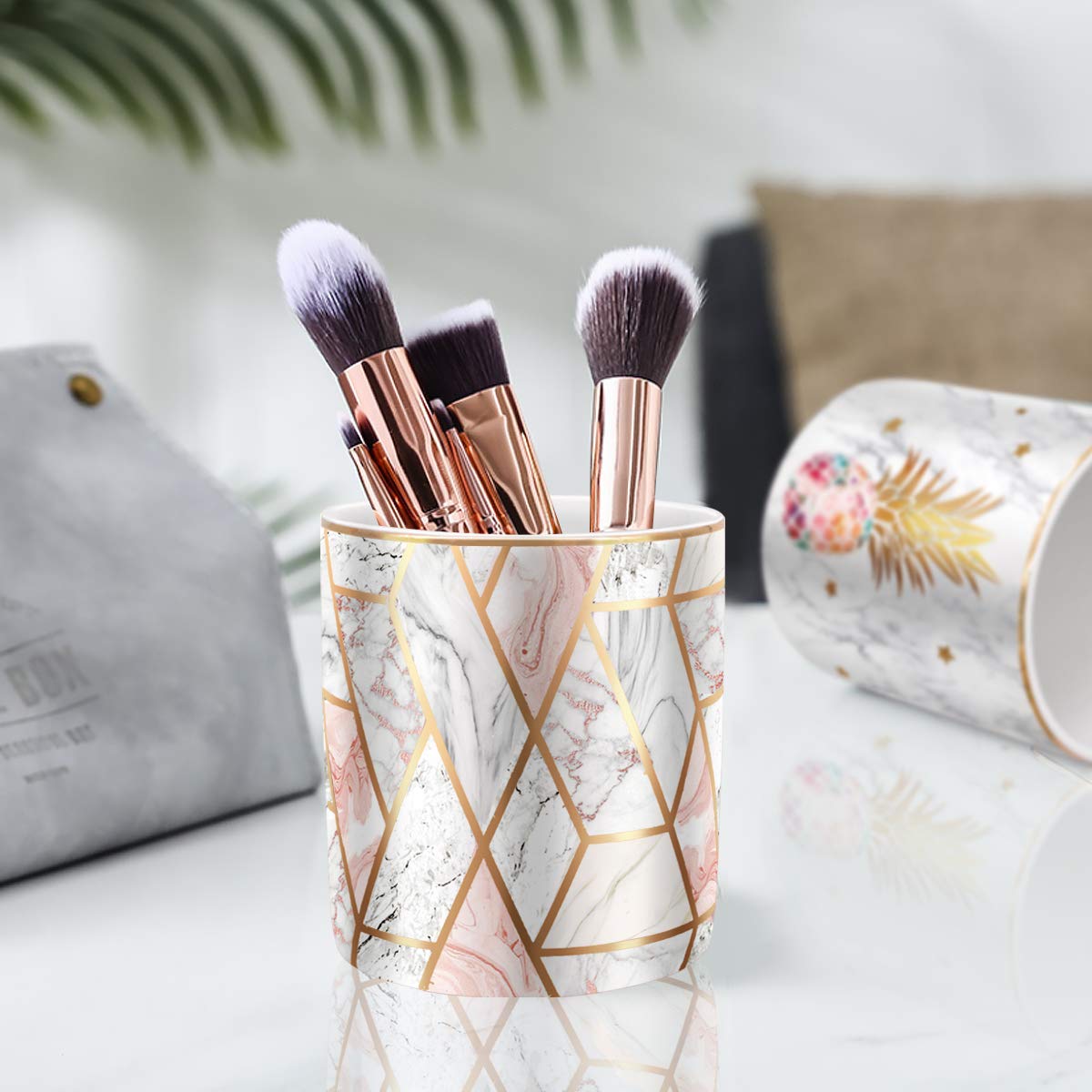 Waveyu Ceramic Desk Organizer - Rose Gold Marble Pencil Cup & Makeup Brush Holder | Durable Office & Classroom Supplies | Perfect for Organizing Pens, Pencils, Brushes on Work Desk or Study Table