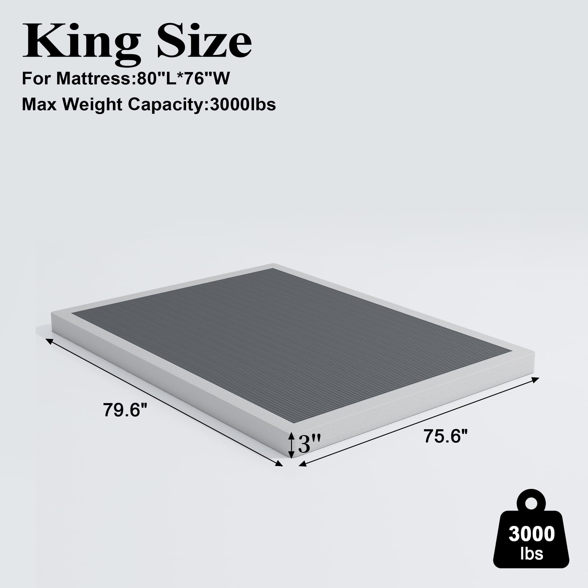 3 Inch Low Profile King Size Box Spring - Heavy Duty Metal Bed Base & Mattress Foundation - Non-Slip, Easy Assembly - Perfect for Bedroom, Guest Room & Dormitory