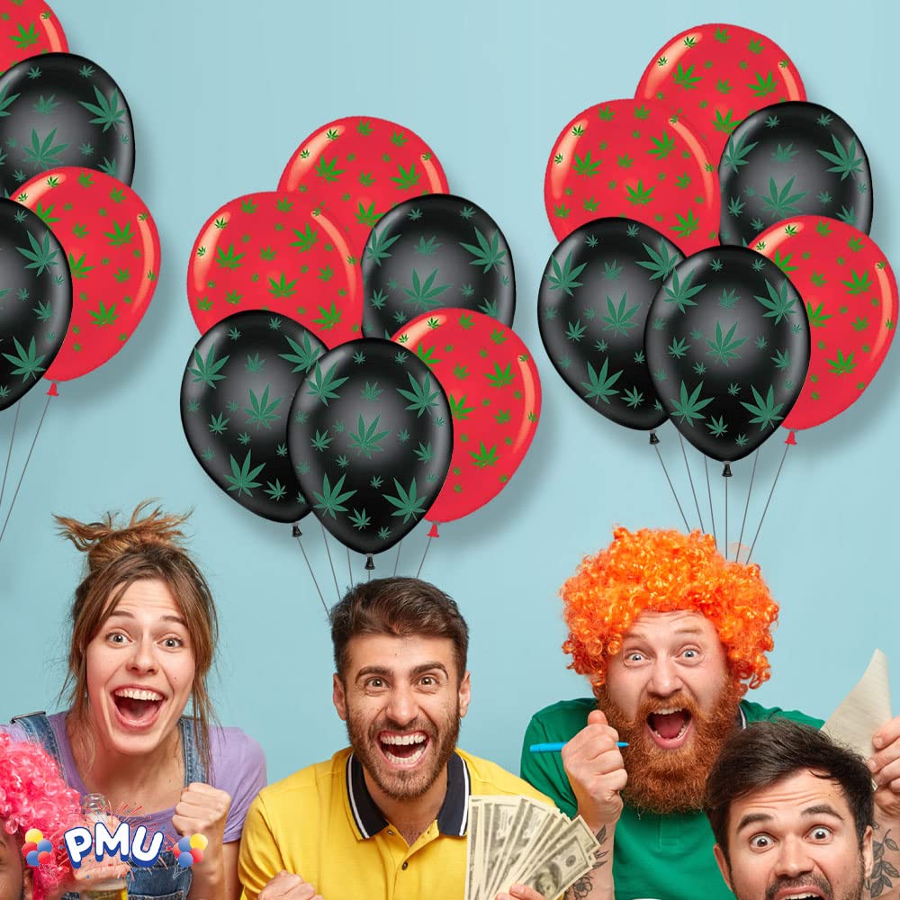 Premium 11in Red & Black Marijuana Balloons with All-Over Green Leaf Print - 50 Pack for Stoner Parties, 420 Celebrations & Cannabis-Themed Events