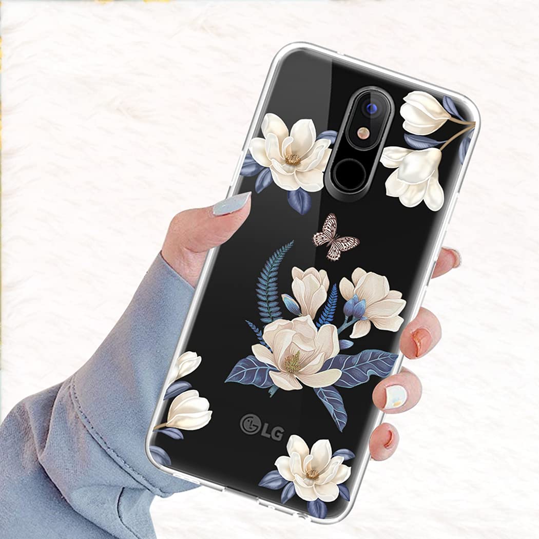 LG K40/K12 Plus/X4 2019/Solo LTE/Harmony 3/Xpression Plus 2 Phone Case - Clear Slim Shockproof Soft TPU Rubber Protective Cover with Floral Design for Women & Girls (White Flower Pattern) - Perfect for Everyday Use, Work, School & Travel Protection