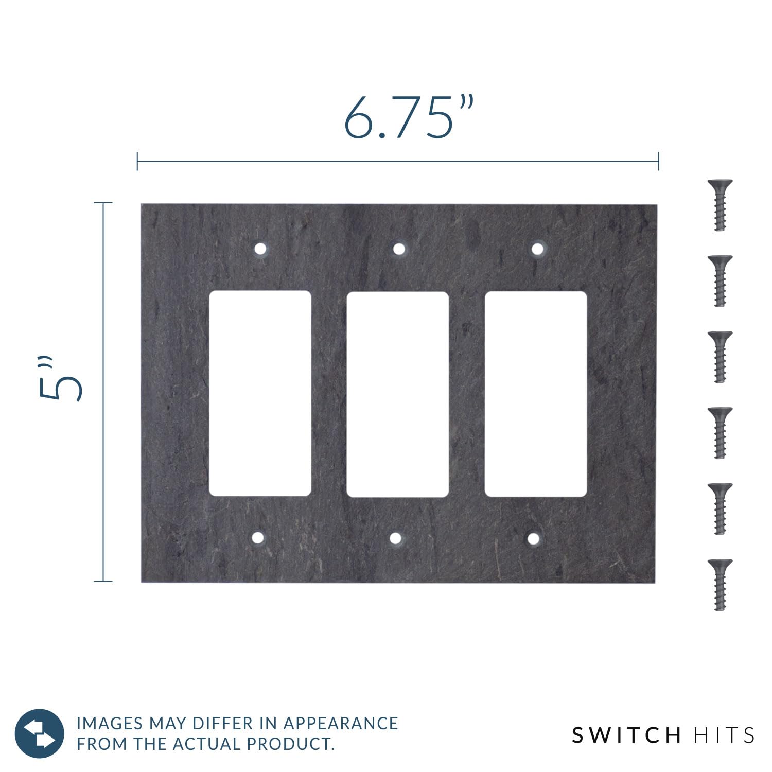 3 Gang Electrical Switch Plate Outlet Wall Plate - GFCI Rocker, Decora Triple Decorator Light Switch Cover Faceplate - Vermont Slate Gray (6.75” W x 5” H) for Home, Office & Commercial Use