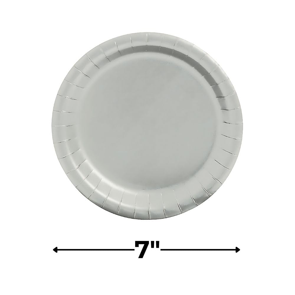 Metallic Silver Disposable Paper Dessert Plates 7 Inch - 24 Pack Eco-Friendly Party Plates for Birthday, Baby Shower, Picnic & Special Events - Elegant Cake & Salad Serving Plates for Sustainable Celebrations