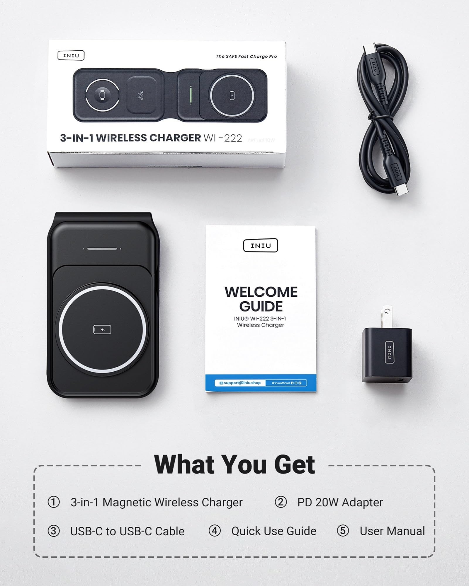 INIU 3-in-1 Magnetic Wireless Charging Station - Foldable Fast Charger for iPhone 16/15/14/13 Series, Apple Watch & AirPods - Portable Travel Charger with MagSafe (Adapter Included) | Perfect for Home, Office & Travel Use