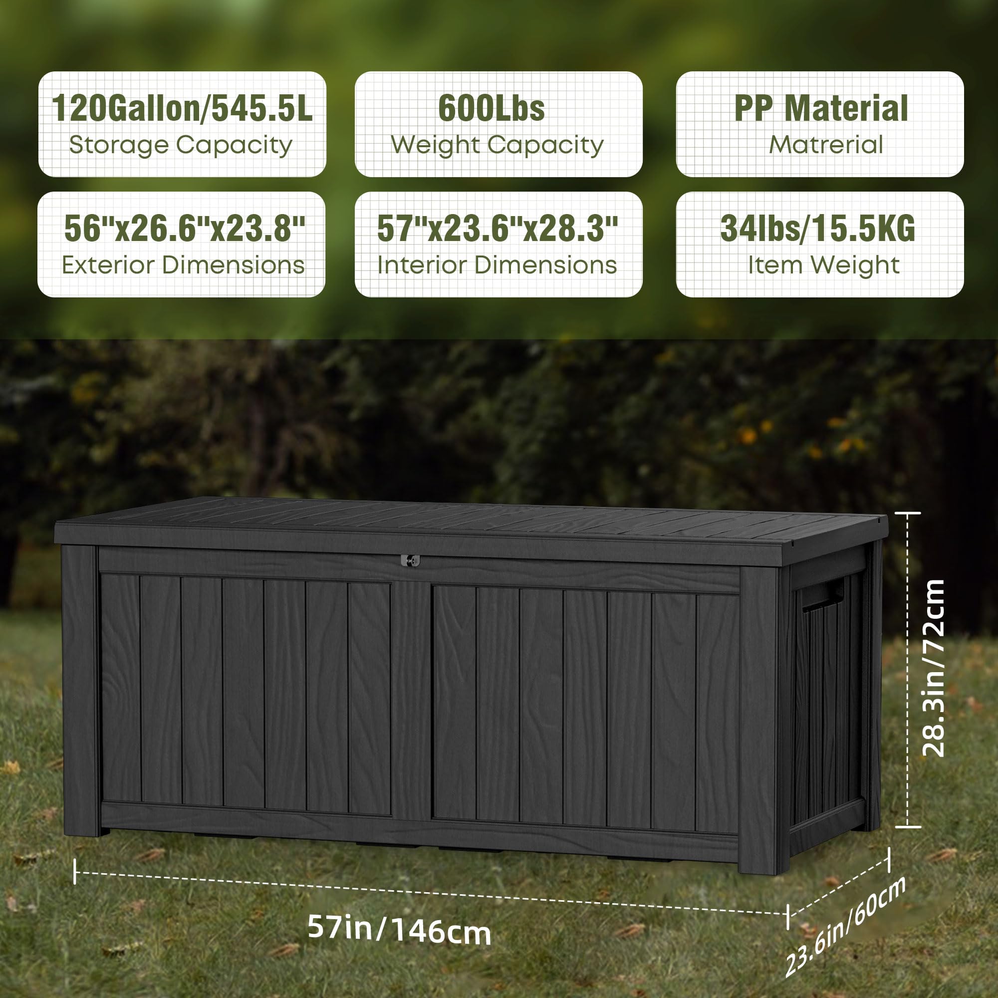 120 Gallon Outdoor Deck Box - Waterproof Resin Storage Container with Lockable Lid for Patio Furniture Cushions, Gardening Tools & Pool Accessories - Durable Indoor/Outdoor Storage Bin (Black) - Perfect for Backyard, Garden & Poolside Organization