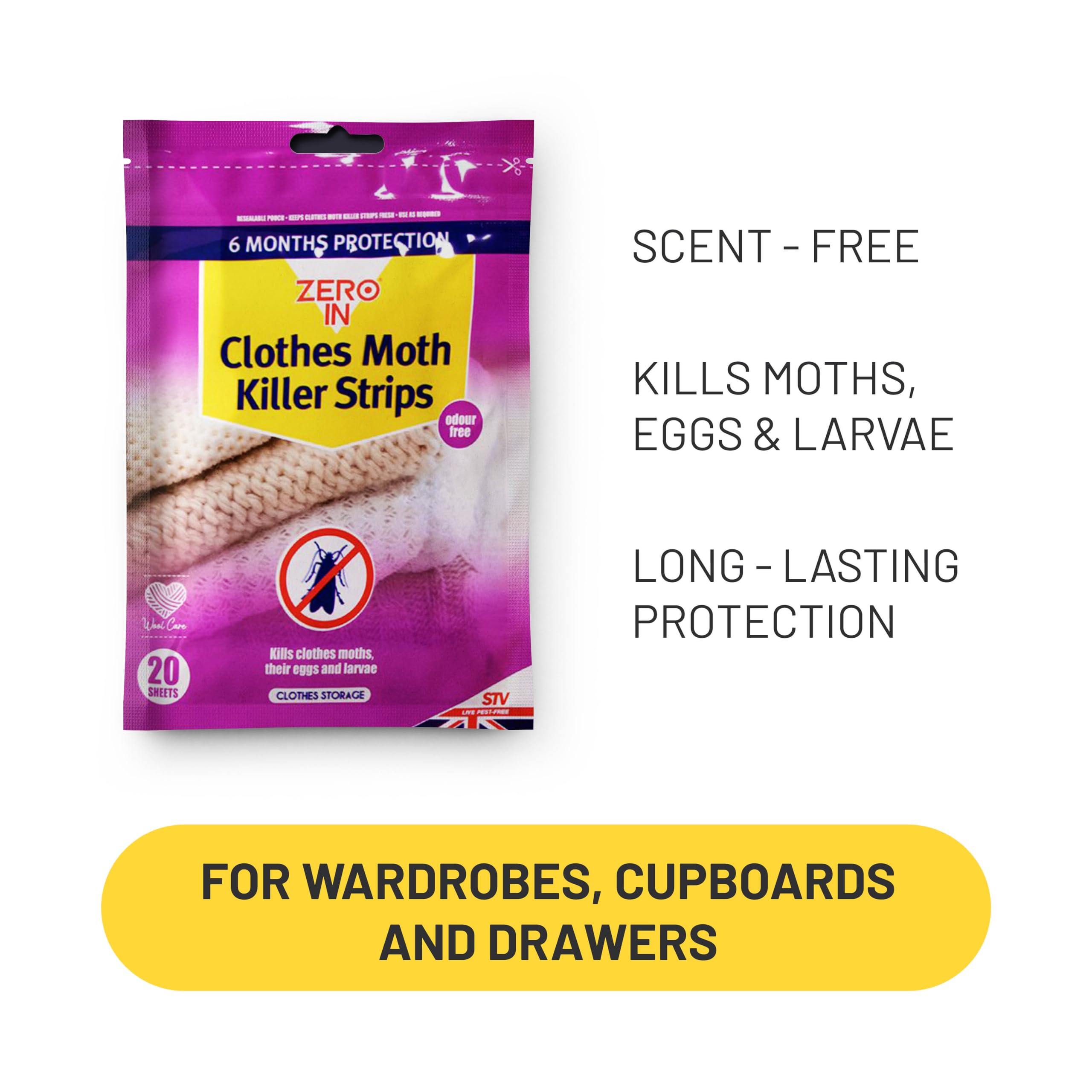 Zero In Clothes Moth Killer Strips - 20 Pack | Eliminates Clothes Moths, Eggs & Larvae | Safe for Wardrobes, Closets & Drawers | Fresh Fragrance | Ideal for Protecting Wool, Silk & Cashmere Clothing