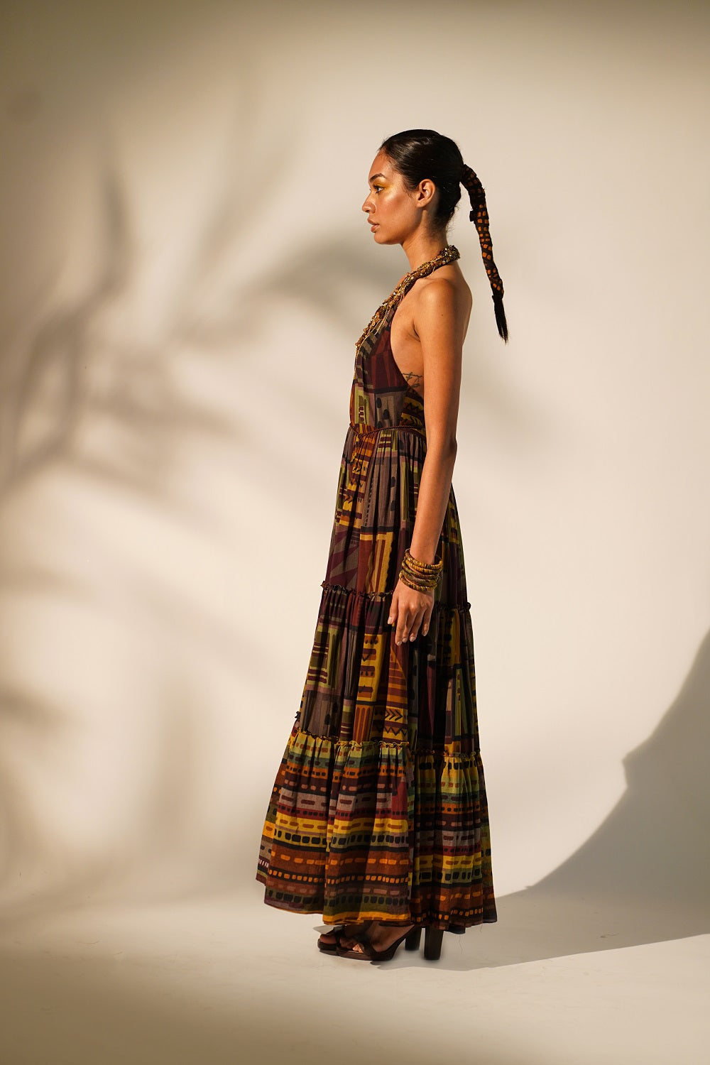 Stylish Multicolor Abstract Print Maxi Dress with Hand Baroque Metallic Embellishment - Perfect for Evening Parties, Weddings & Special Occasions
