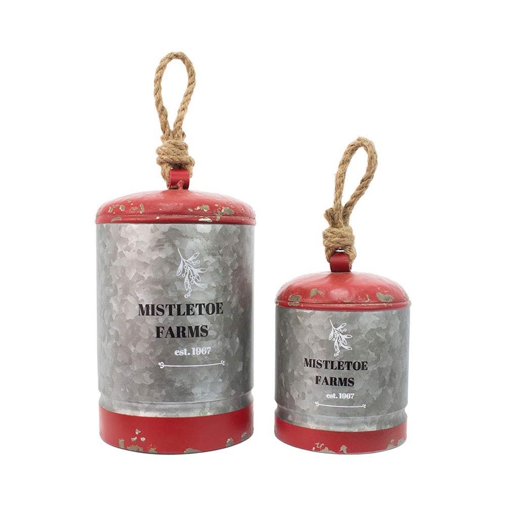 Set of 2 Christmas Red & Galvanized Mistletoe Bells - Holiday Home Decor for Doorways, Mantels & Festive Party Decorations