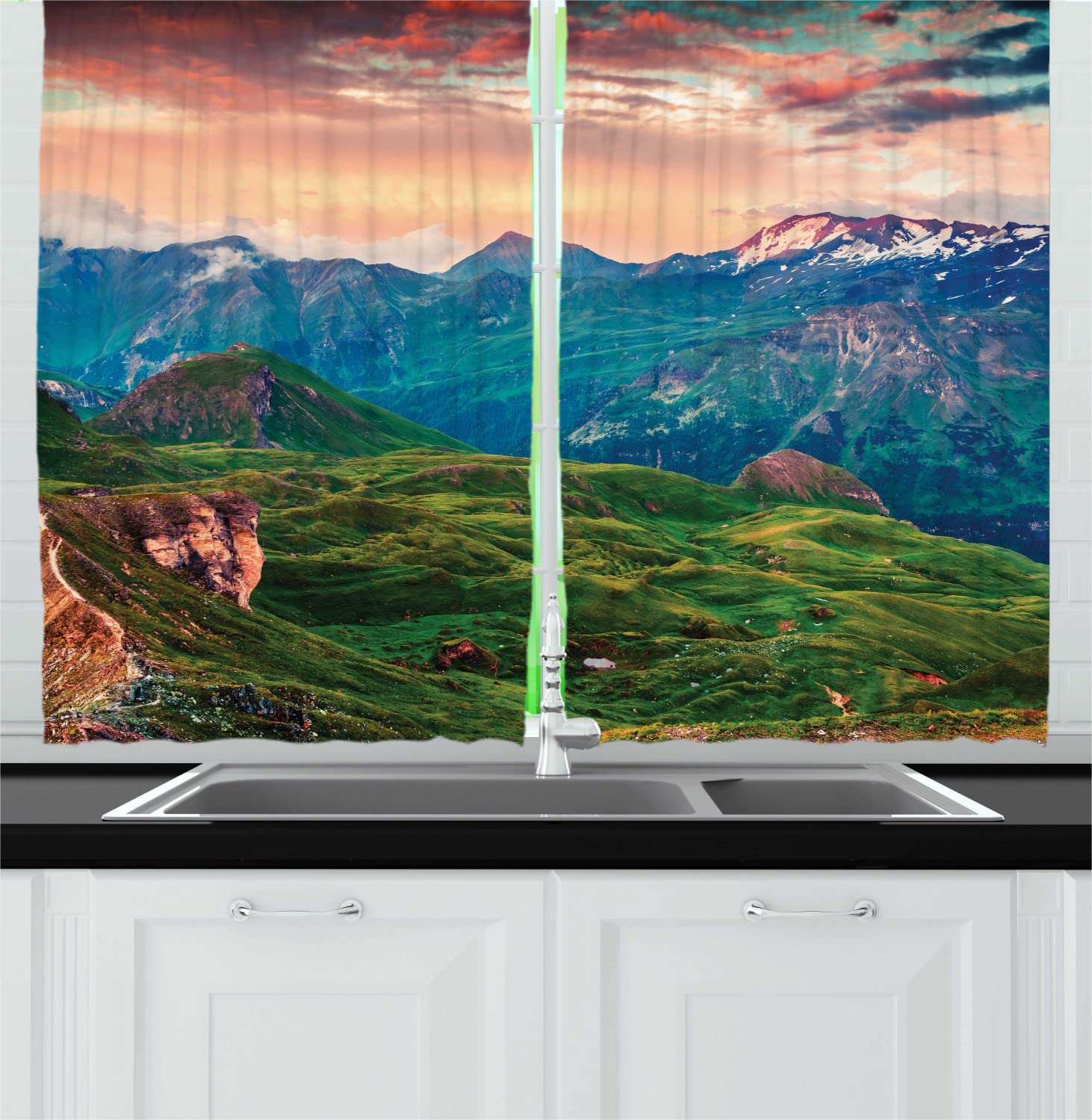 Ambesonne Mountain Long Kitchen Curtains - 2 Panel Set with Rod Pocket, 55x45 Inches, Coral Teal Green - Alpine Inspired Austrian Sunset Design for Windows, Living Room & Bedroom Decor