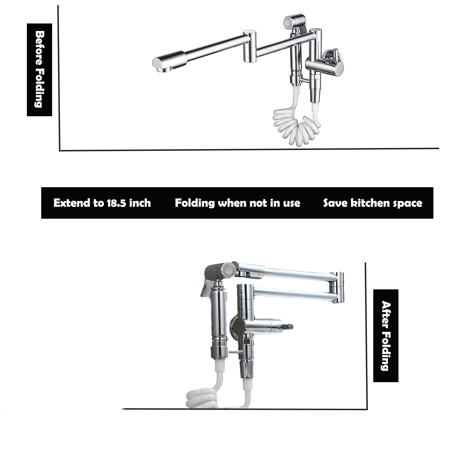 Biveah 360° Rotating Brass Wall Mounted Kitchen Sink Faucet with Sprayer - Chrome Finish Pot Filler Tap for Easy Cooking & Filling Large Pots (Model KLB001C) | Perfect for Home Chefs & Commercial Kitchens