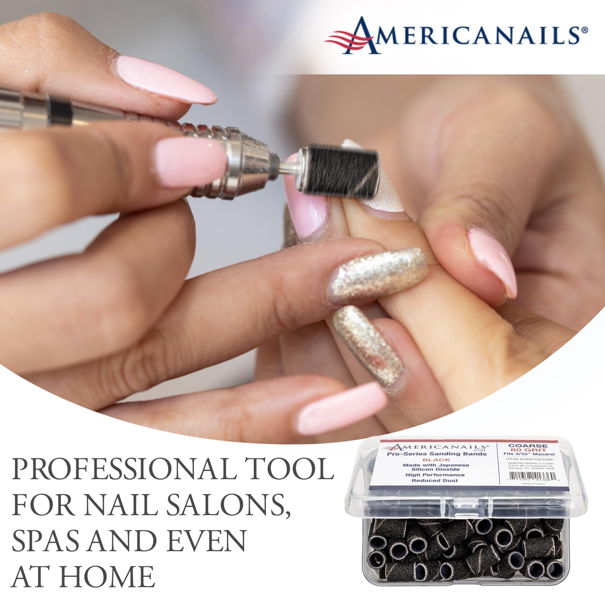 Americanails Pro-Series 80 Grit Coarse Black Sanding Bands for Acrylic Nails - 100-Piece Professional E-File Drill Bit Set for Nail Filing, Polishing & Shaping | Perfect for Salon, Home Manicure & Nail Art