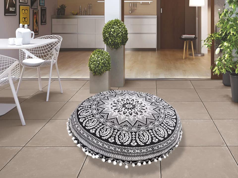 Boho Mandala Round Floor Seating Cushion Cover Only - 22 Inch Meditation Pouf Pillow Case for Yoga, Ottoman & Hippie Decor (Black White, No Filler) - Perfect for Home Decor, Meditation Spaces & Bohemian Living Rooms
