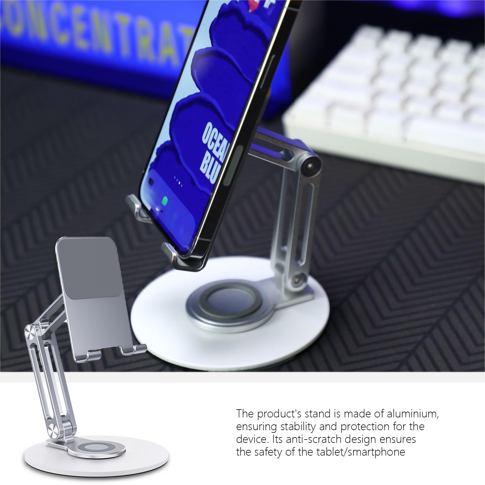 360° Rotating Aluminum Phone Stand - Adjustable Metal Holder for iPhone, Samsung, Tablets - Portable & Lightweight - Perfect for Desk, Office, Travel & Video Calls