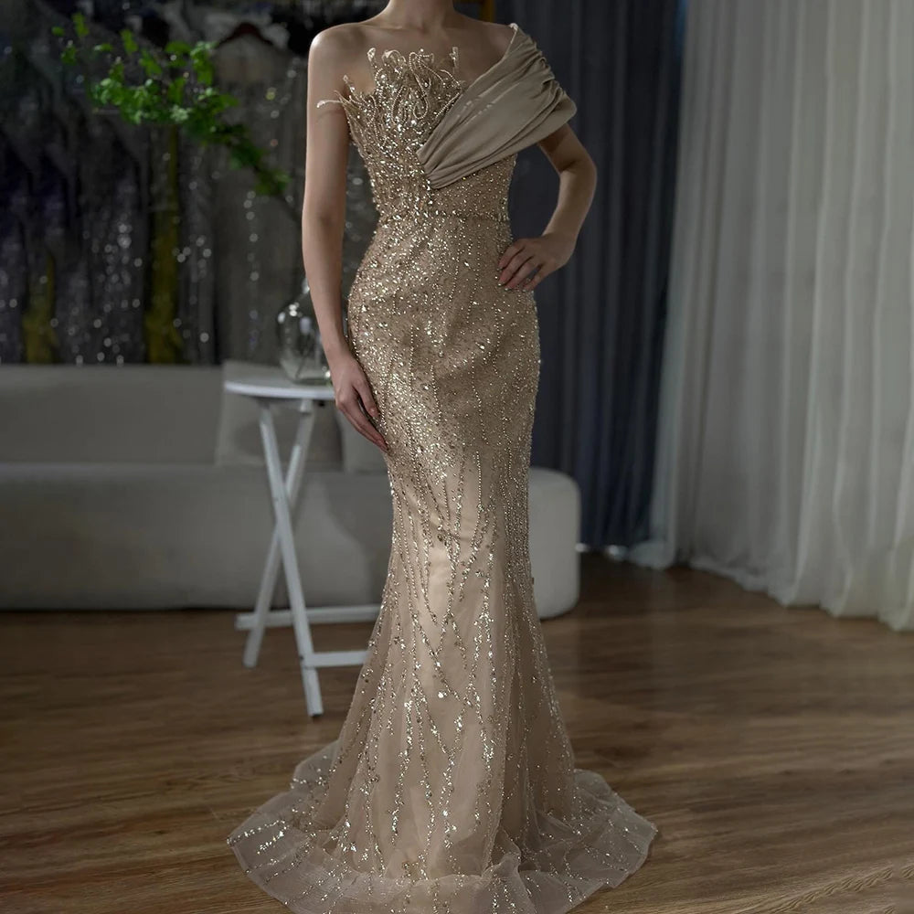 Elegant One Shoulder Beaded Evening Gown - Dubai Inspired Caramel Arabic Dress for Formal Occasions & Special Events - LA72577 | Perfect for Weddings, Galas and Red Carpet Events