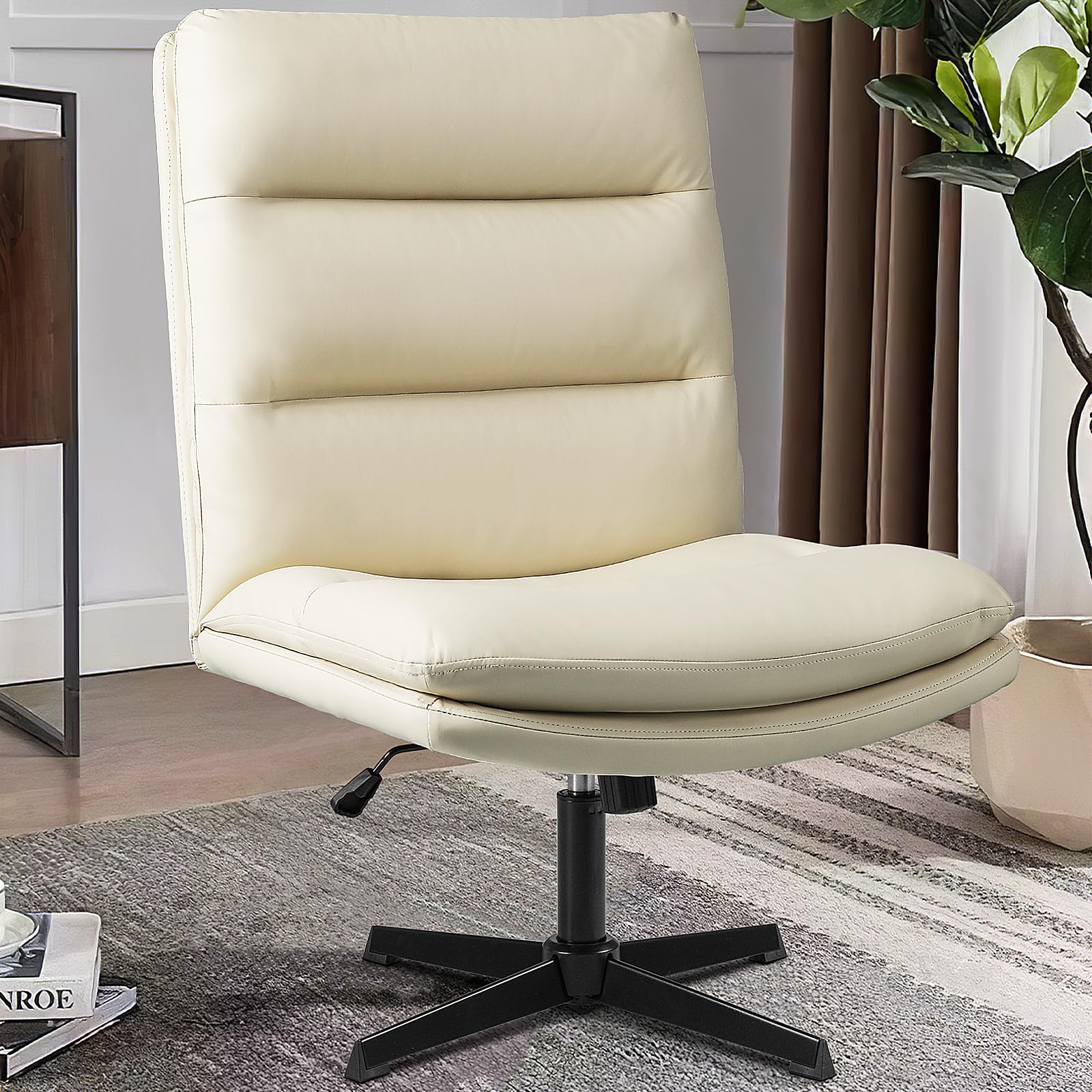 TAVATA High Back Armless Office Desk Chair - No Wheels, PU Leather Cross Legged Computer Chair with Wide Seat, Adjustable Swivel Task Chair for Home Office, Vanity & Gaming (Beige) - Perfect for Small Spaces, Meditation & Workstations