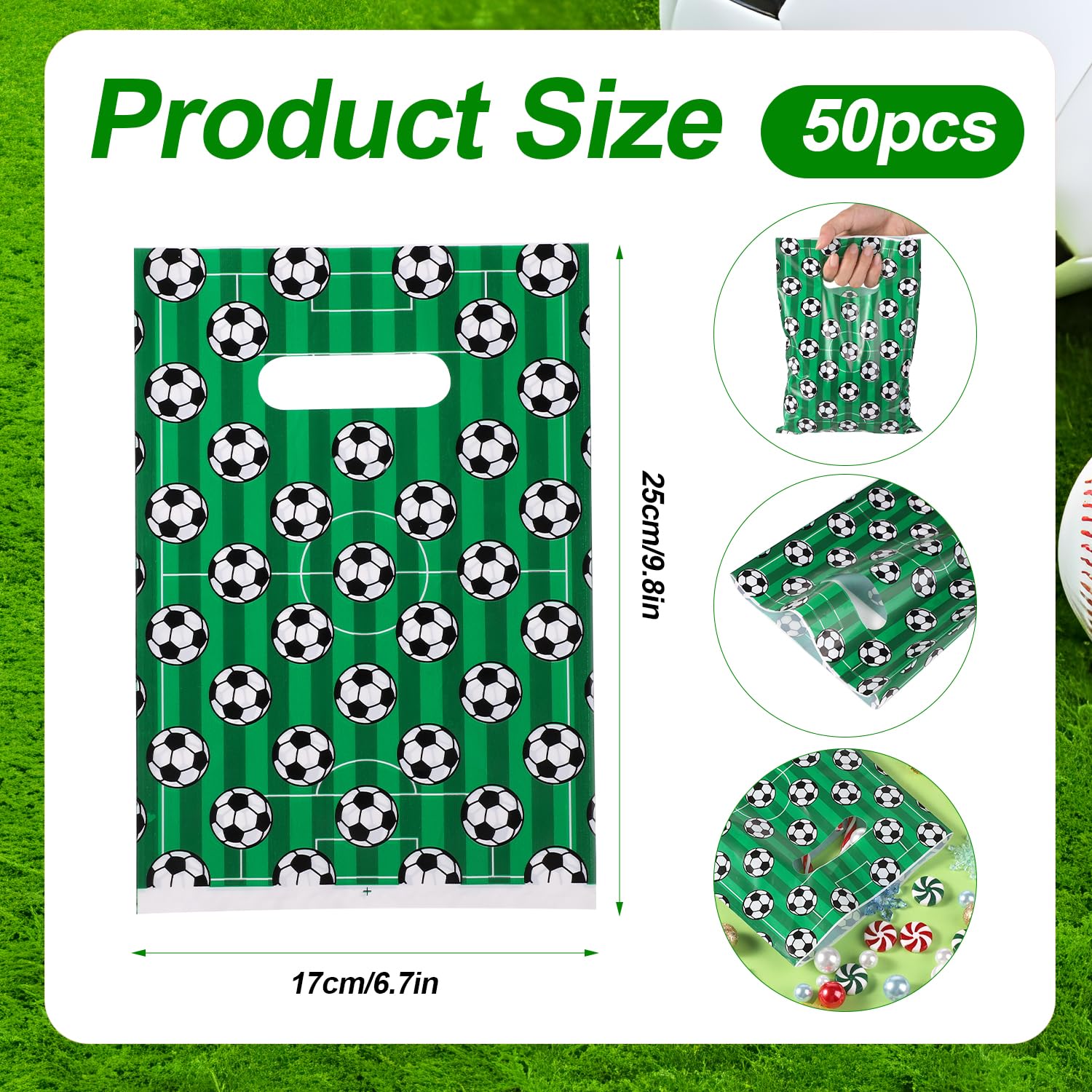 PEUTIER 50pcs Soccer Themed Plastic Party Favor Bags for Snacks, Candy, Treats - Perfect for Team Gifts, Kids Birthday Parties, Sports Events & Game Day Favors - Great for Soccer Tournaments, Youth Sports Awards & Team Celebrations