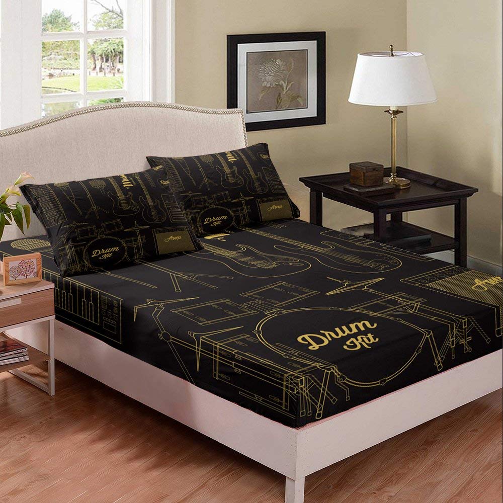 Black Music Theme Bed Sheet Set for Kids & Teens - Queen Size Video Game Bedding with Guitar & Drums Design - Modern 3-Piece Bed Cover Set for Boys & Girls - Perfect for Teen Bedrooms, Music Lovers, and Gaming Themed Decor