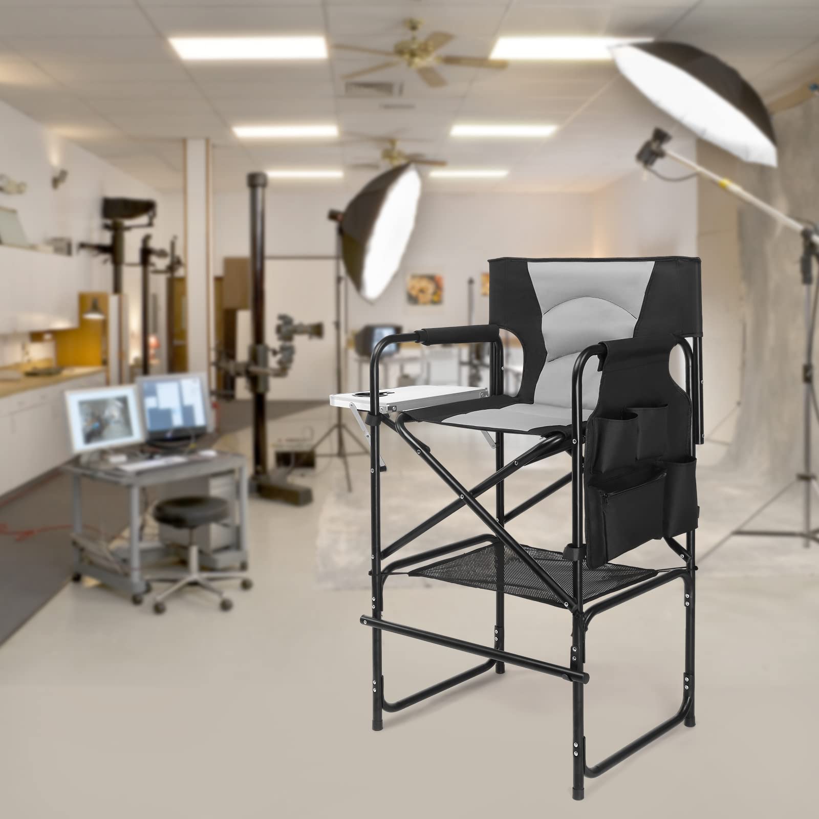 Mefeir 30 Inch Heavy Duty Directors Camping Chair with Side Table - Portable Folding Bar Height Chair for Outdoor, Beach, Picnics & Makeup Artists - 300 lbs Capacity Aluminum Frame