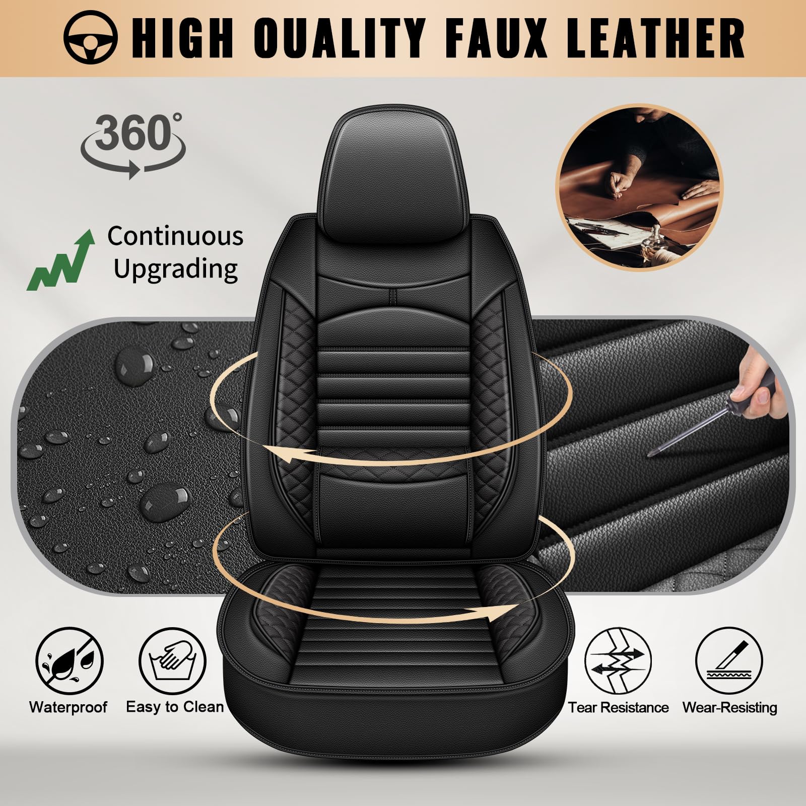 Custom Fit Ford Focus 2009-2018 Car Seat Covers Full Set - 5 Seat Waterproof Faux Leather Seat Protectors with Airbag Compatibility (Black) - Perfect for Road Trips, Daily Commutes & Car Interior Protection