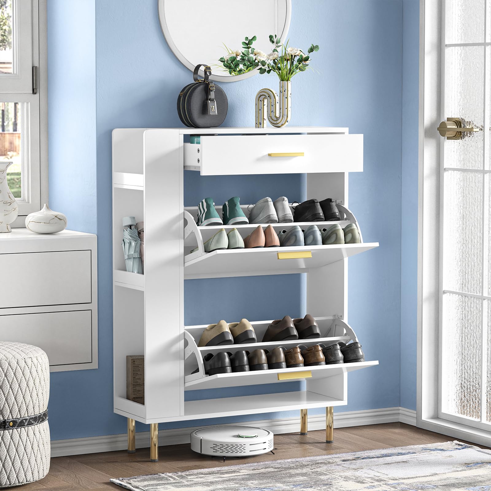 Anmytek White Shoe Storage Cabinet with 2 Flip Drawers - Modern Freestanding Shoe Rack Organizer for Entryway, Hallway & Closet - Space Saving Narrow Shoe Cabinet for Sneakers, Boots & Heels - H0111