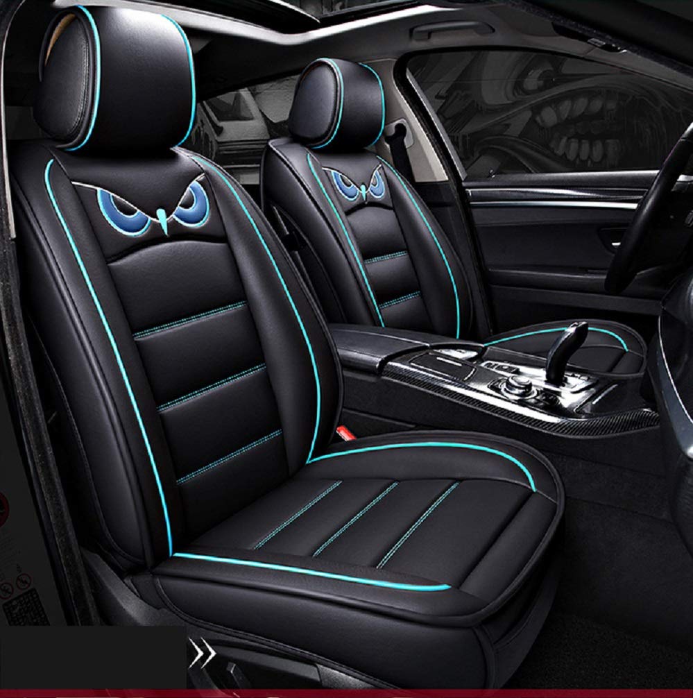 Premium OWL PU Leather Car Seat Covers Full Set - Waterproof 5-Seat Protection for Cars & SUVs (Black-Blue) | Includes 2 Lumbar Pillows, 2 Headrest Covers & Steering Wheel Cover | Perfect for Family Road Trips, Daily Commutes & Pet Protection