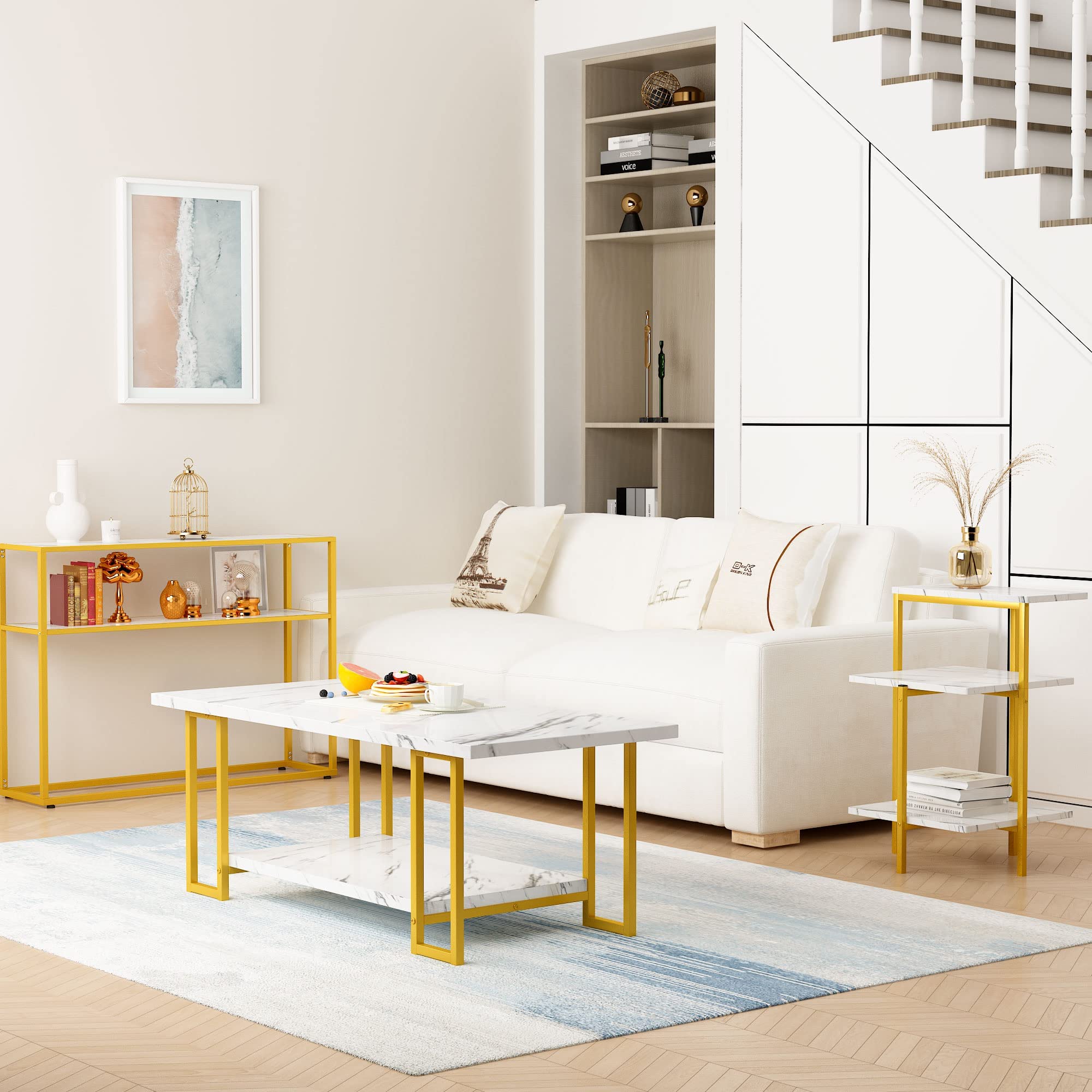 MIERES Faux Marble Coffee Table Set of 3 - Modern White & Gold Nesting Tables with Storage Shelves & Metal Frame for Living Room, Bedroom, Small Spaces | Easy Assembly | Perfect for Coffee, Books & Decor