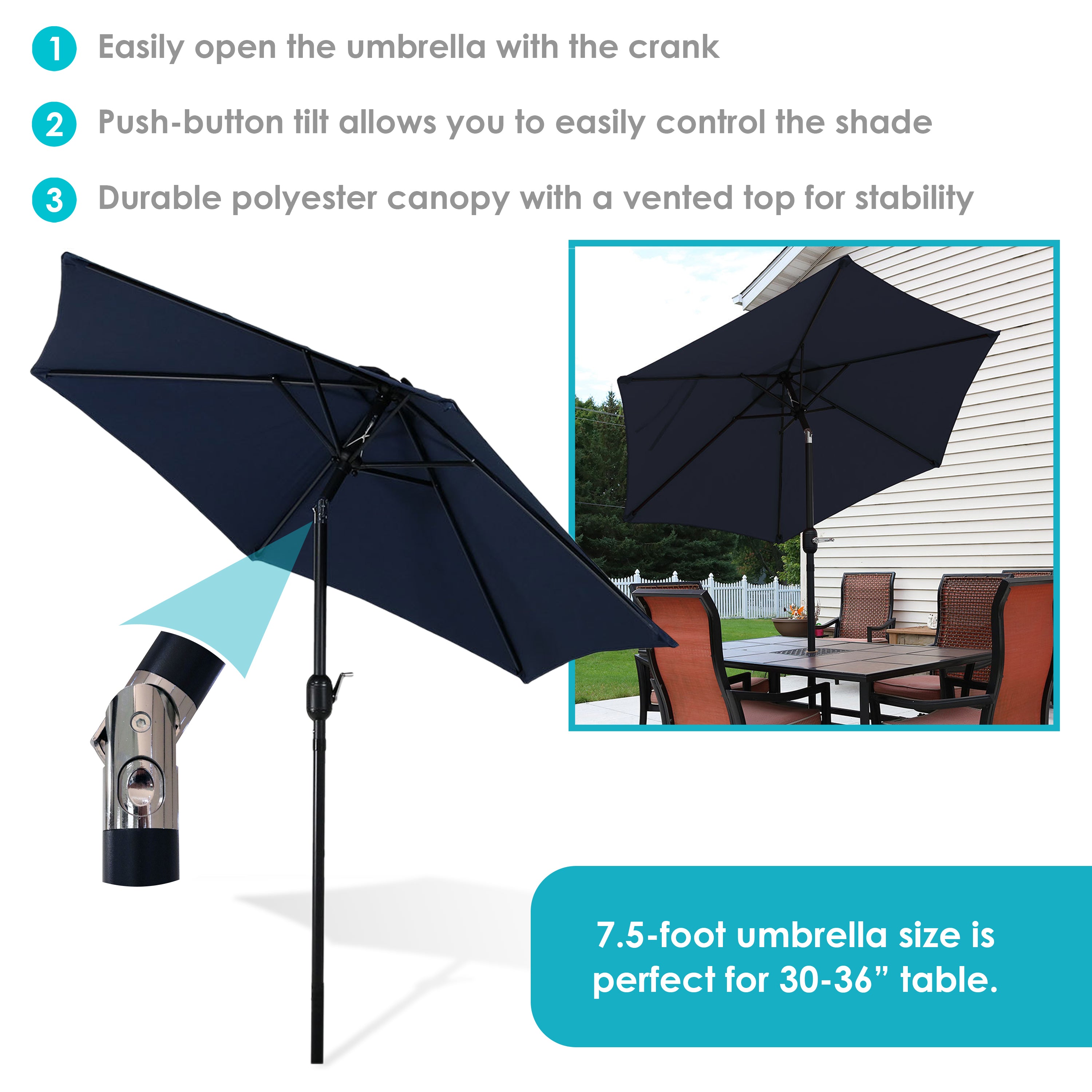 Sunnydaze 7.5 Foot Aluminum Outdoor Patio Umbrella with Tilt & Crank Mechanism - Perfect for Poolside, Backyard, Deck, and Garden Shade