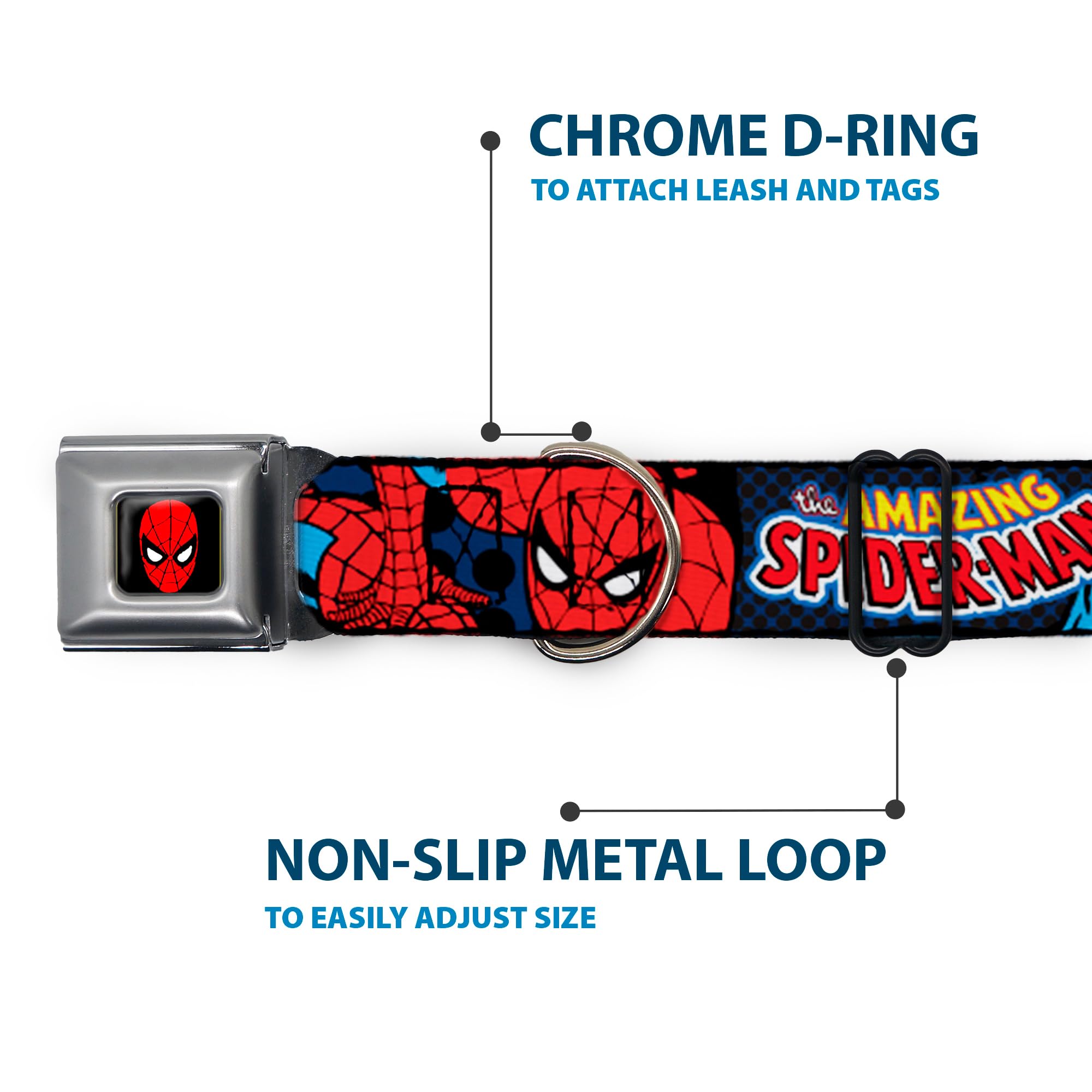 Amazing Spider-Man Dog Collar with Seatbelt Buckle - Adjustable 9 to 15 Inches, 1.0 Inch Wide, Multi-Color (DC-WSPD001-S) - Perfect for Superhero Fans & Pet Safety in Cars