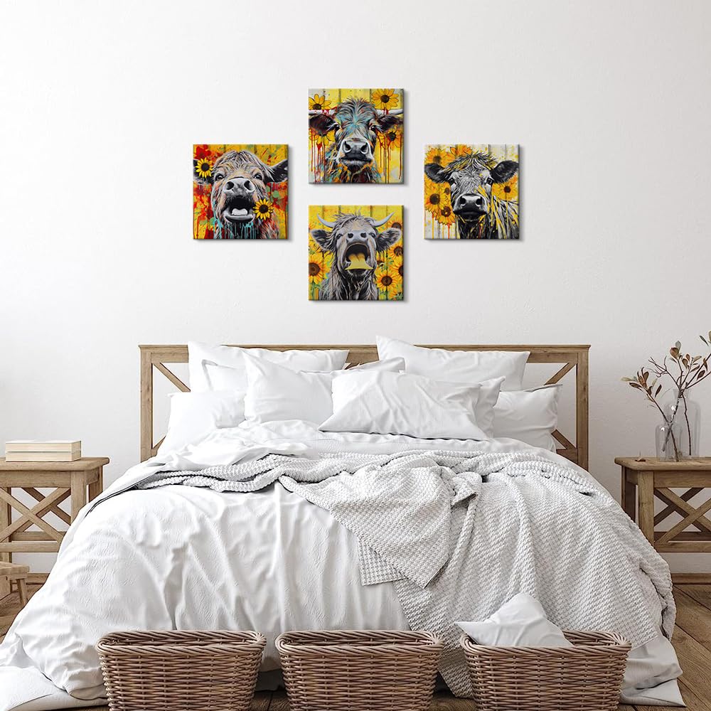Highland Cow Wall Art - 4-Piece Farmhouse Decor for Living Room