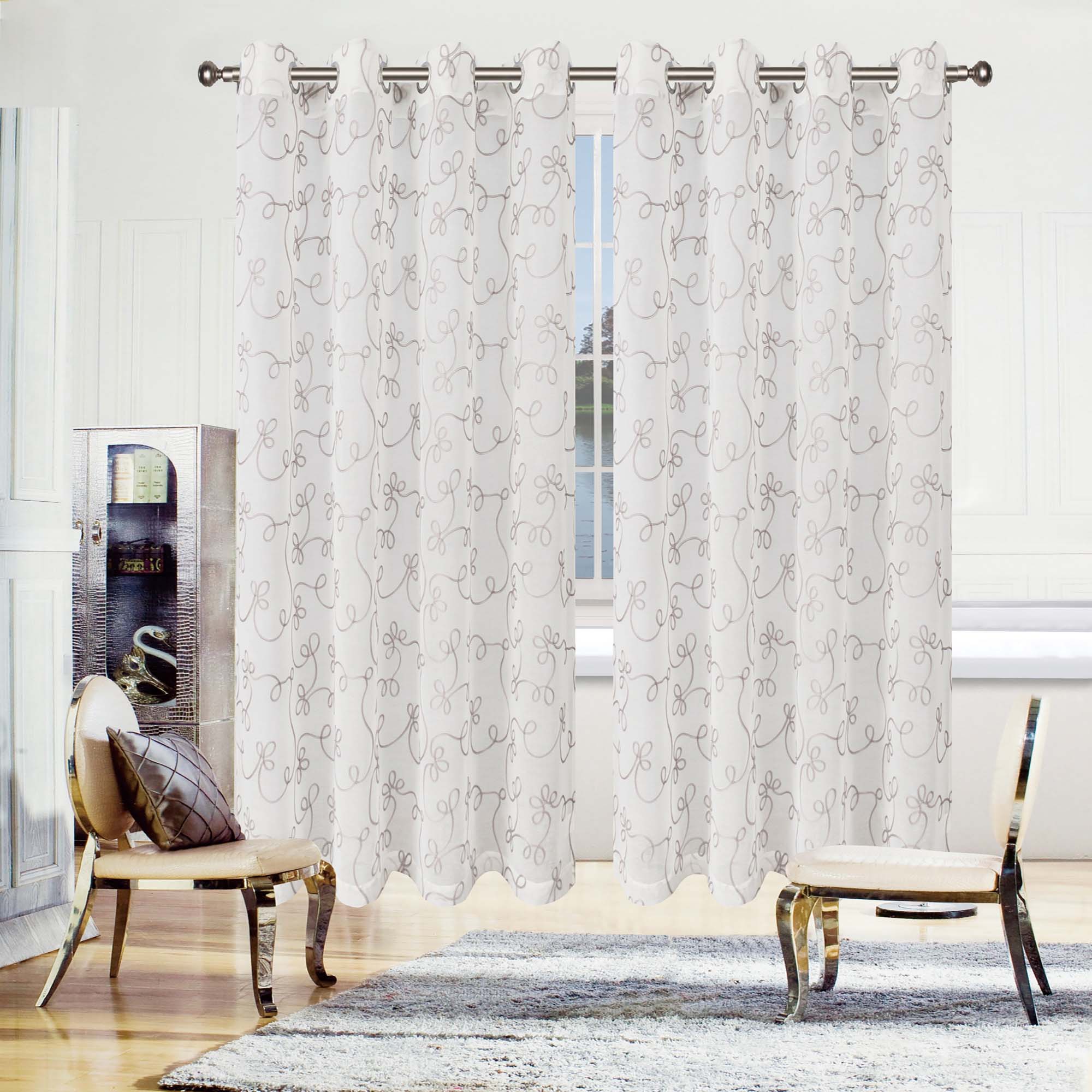 Embroidered Lightweight Sheer Floral Scroll Curtain Panel Set - Elegant Window Treatment for Living Room, Bedroom & Nursery Decor