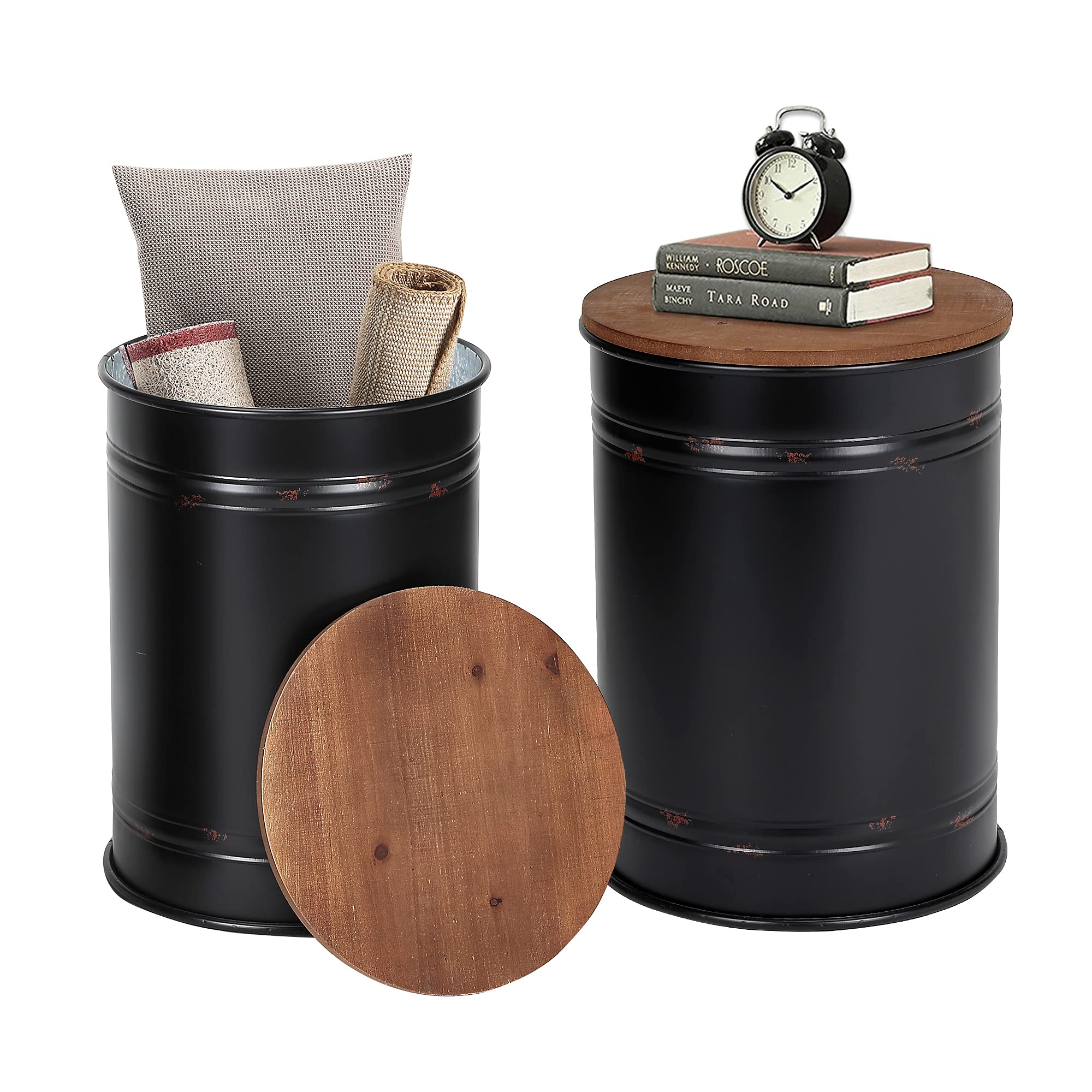Rustic Farmhouse Accent Side Table with Storage - Antique Galvanized Metal Ottoman Stool with Round Wood Lid - Coffee & Cocktail Table - Perfect for Living Room, Bedroom or Patio (Black, Nesting Set of 2)