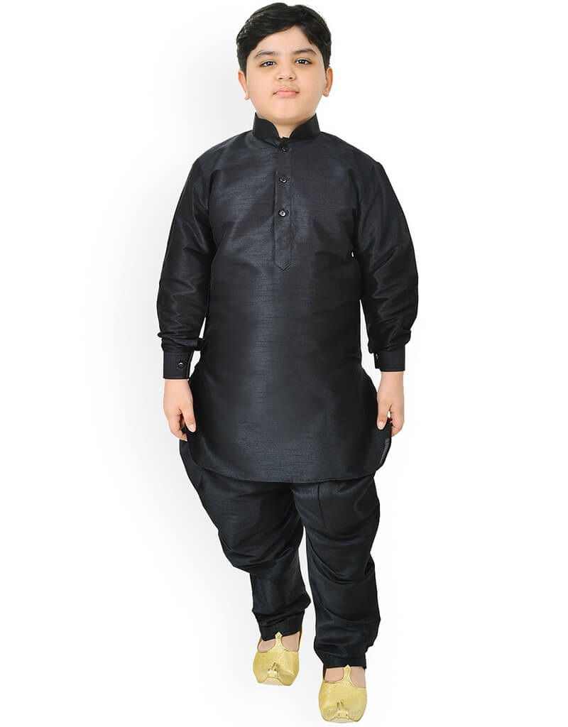Premium Black Kurta Pajama Set - 100% Pure Dhupion Silk Men's Traditional Indian Wear for Festivals, Weddings & Special Occasions