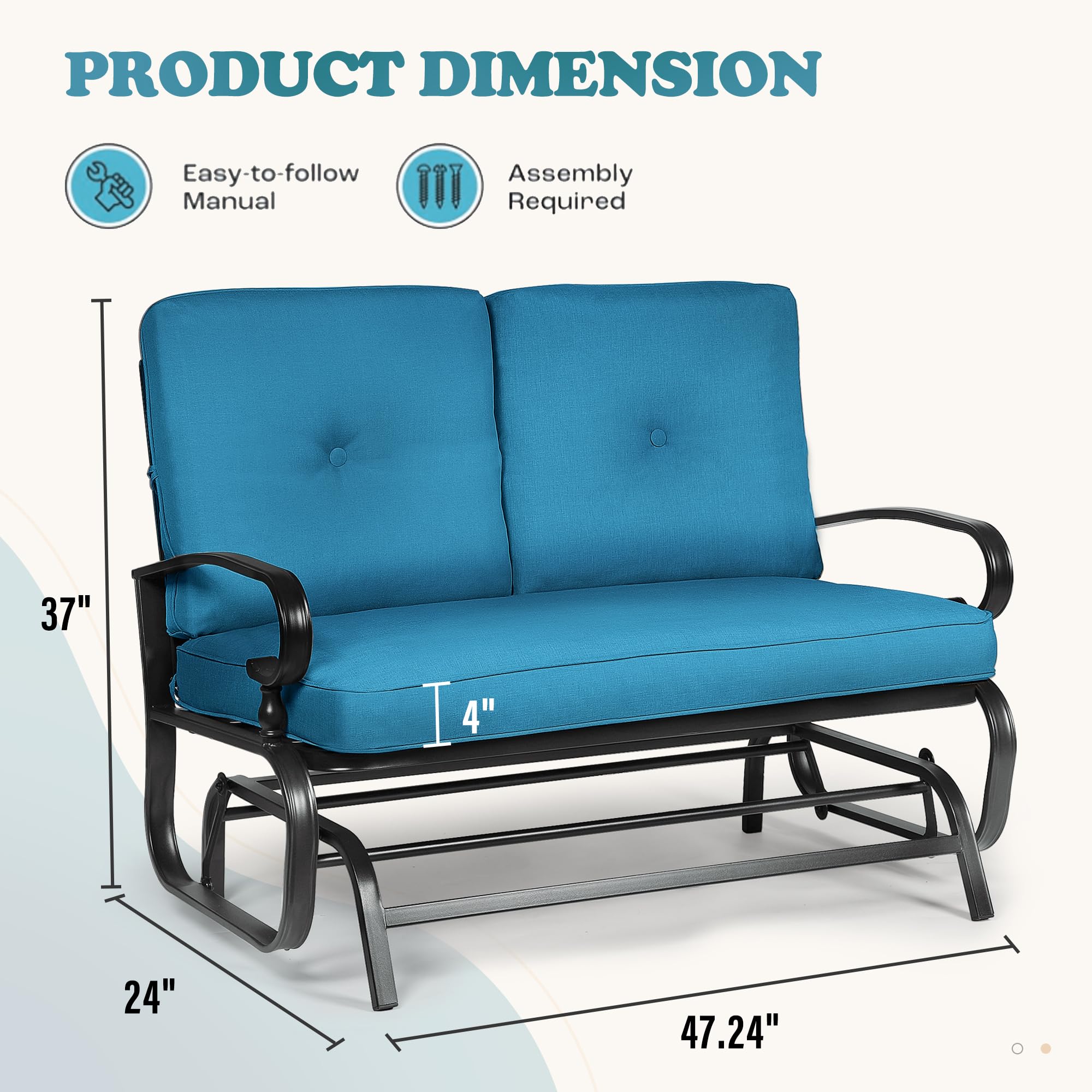 Outdoor Bench Patio Swing Glider Loveseat - 2 Seats Wrought Iron Rocking Chair with Blue Cushion - Perfect for Garden, Backyard, Porch, and Patio Relaxation