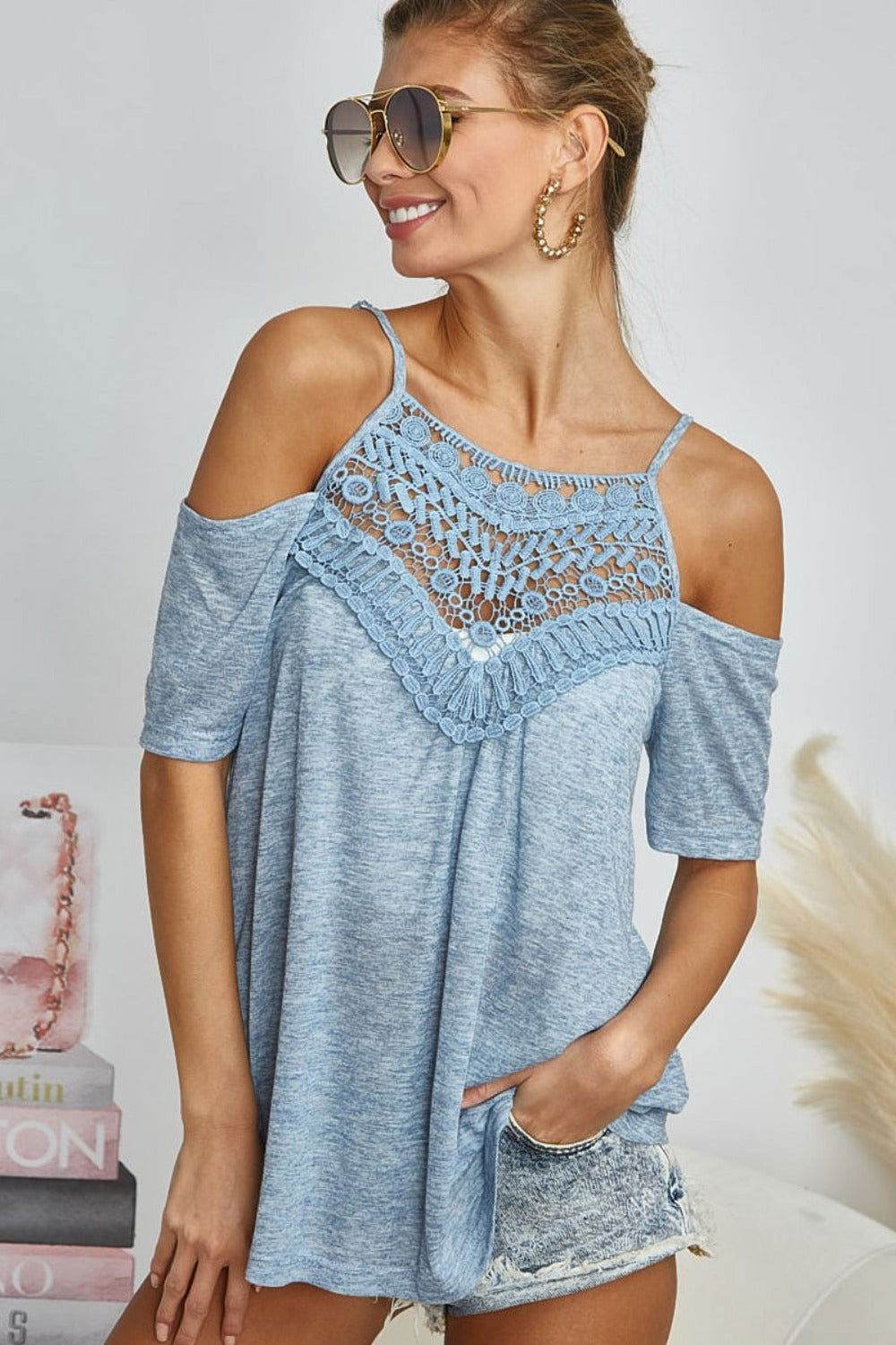 BiBi Front Crochet Lace Adjustable Strap Top - Women's Summer Boho Chic Blouse for Beach, Party & Date Night Outfits
