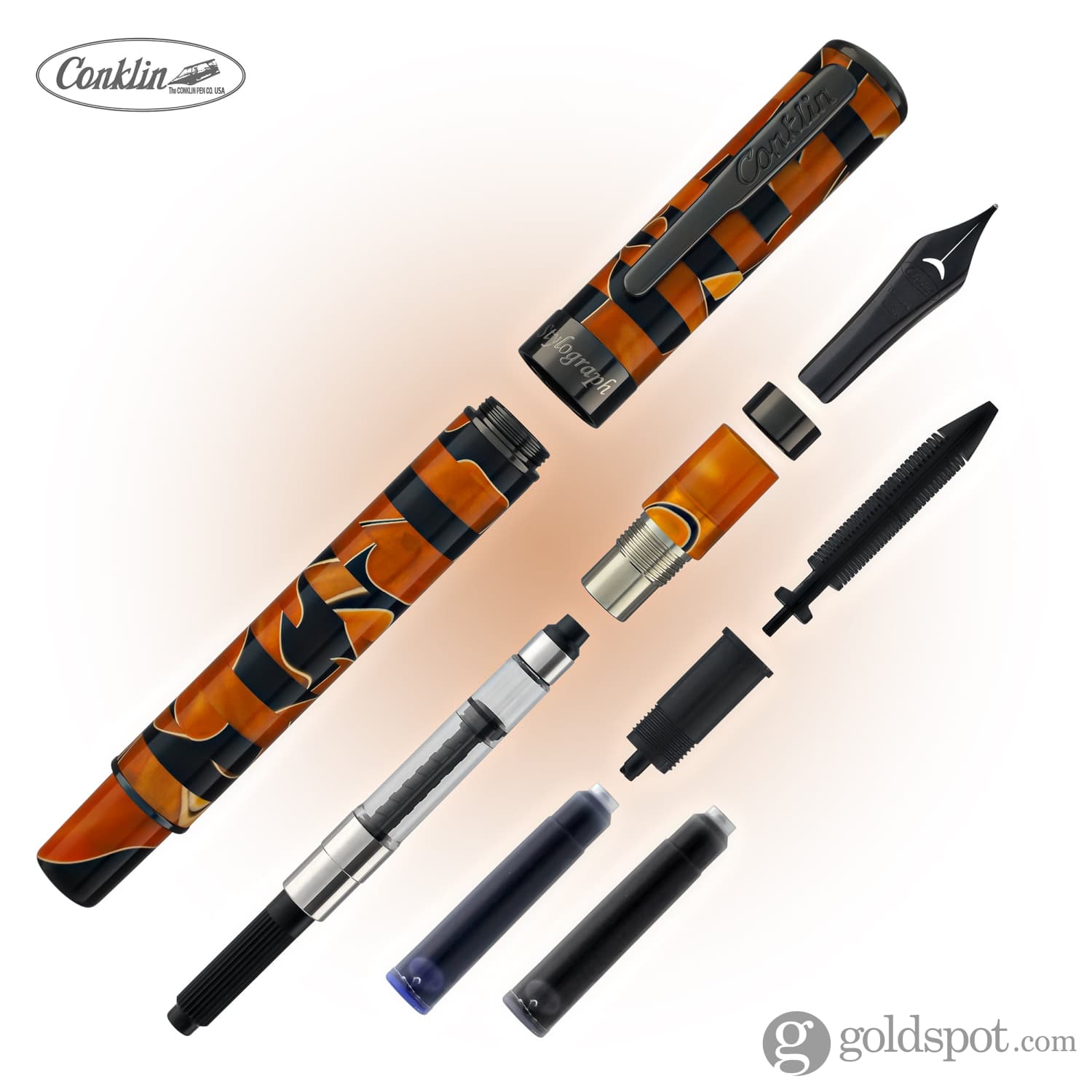 Conklin Stylograph Mosaic Fountain Pen - Orange & Black Premium Ink Pen for Writing, Calligraphy & Collecting - Perfect for Office, School & Gift Giving
