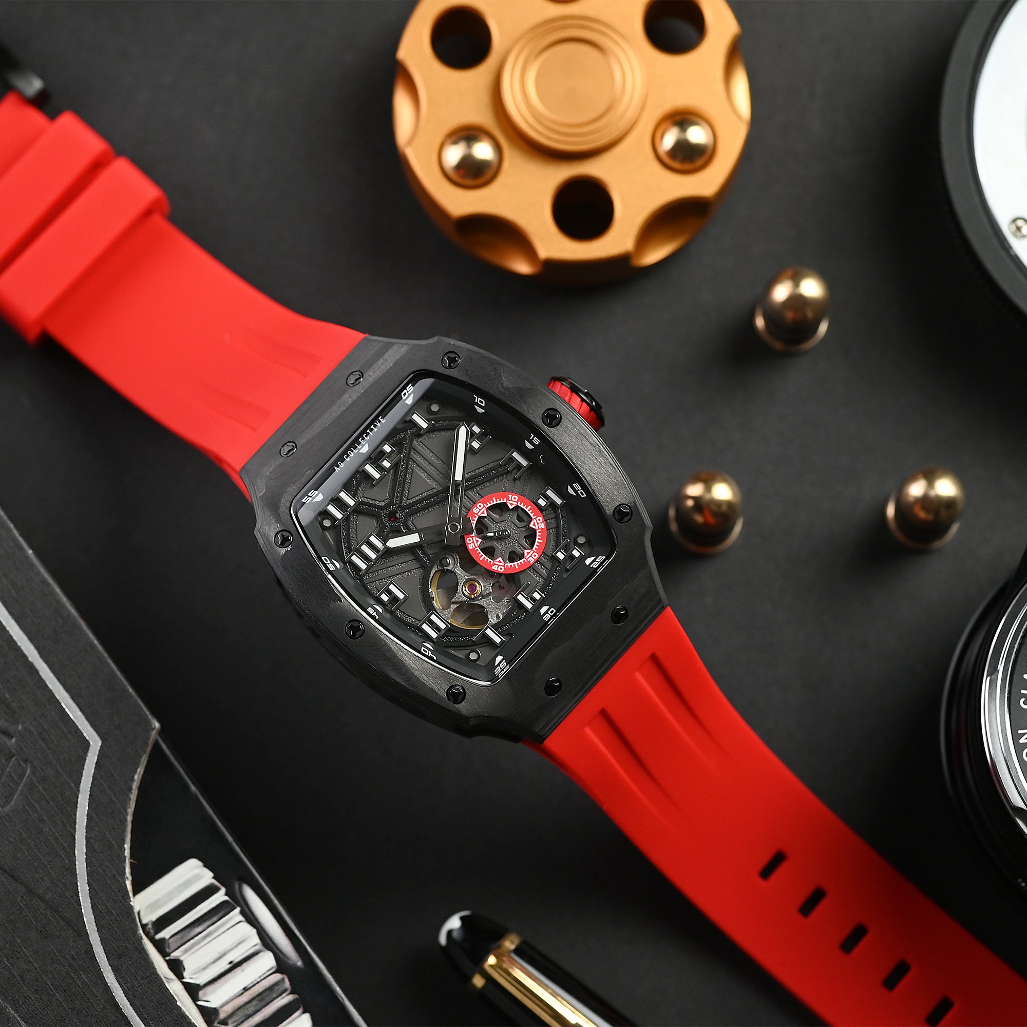 AG Collective Men's Watch with Black Dial & Red Silicone Strap - Model G 8047 BK BKR - Stylish Casual & Sports Timepiece for Everyday Wear