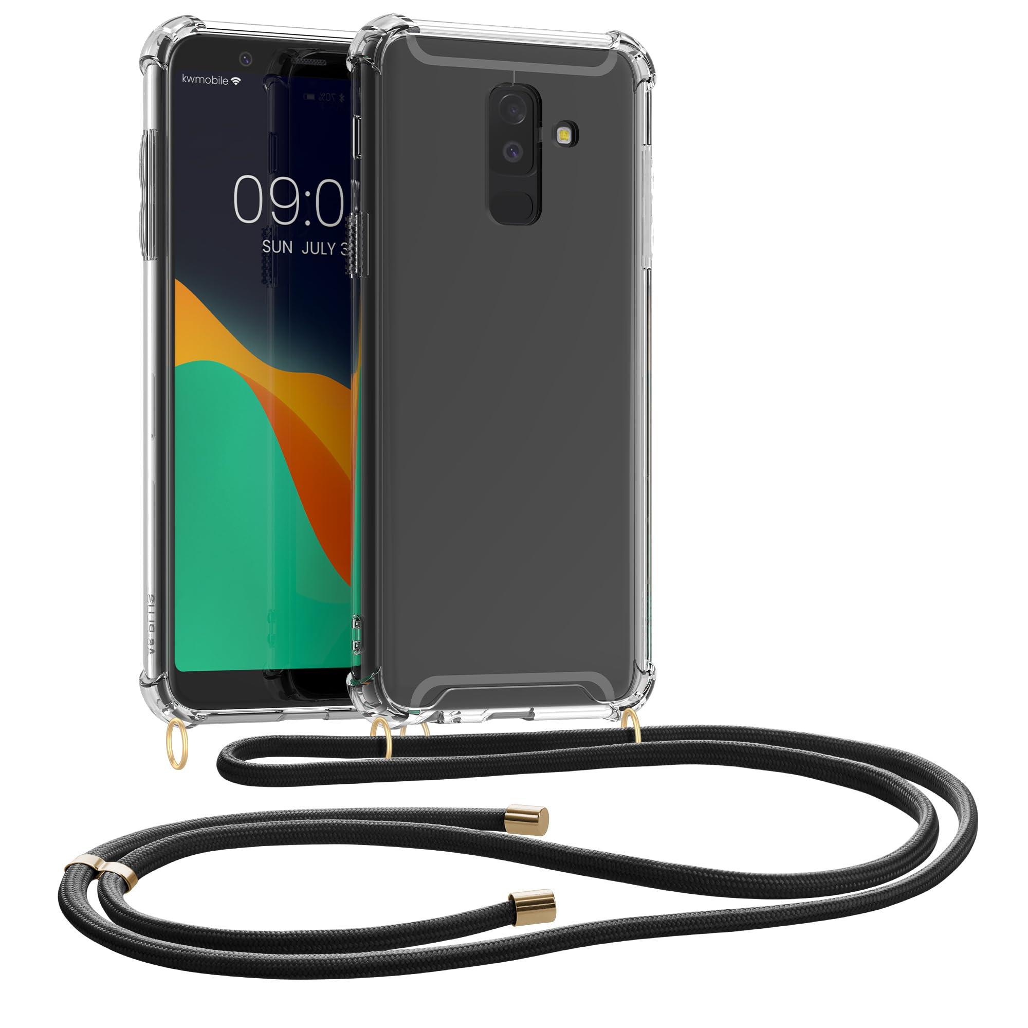 kwmobile Clear TPU Crossbody Phone Case for Samsung Galaxy A6+/A6 Plus (2018) - Transparent/Black Protective Cover with Lanyard Strap - Perfect for Travel, Shopping & Outdoor Activities