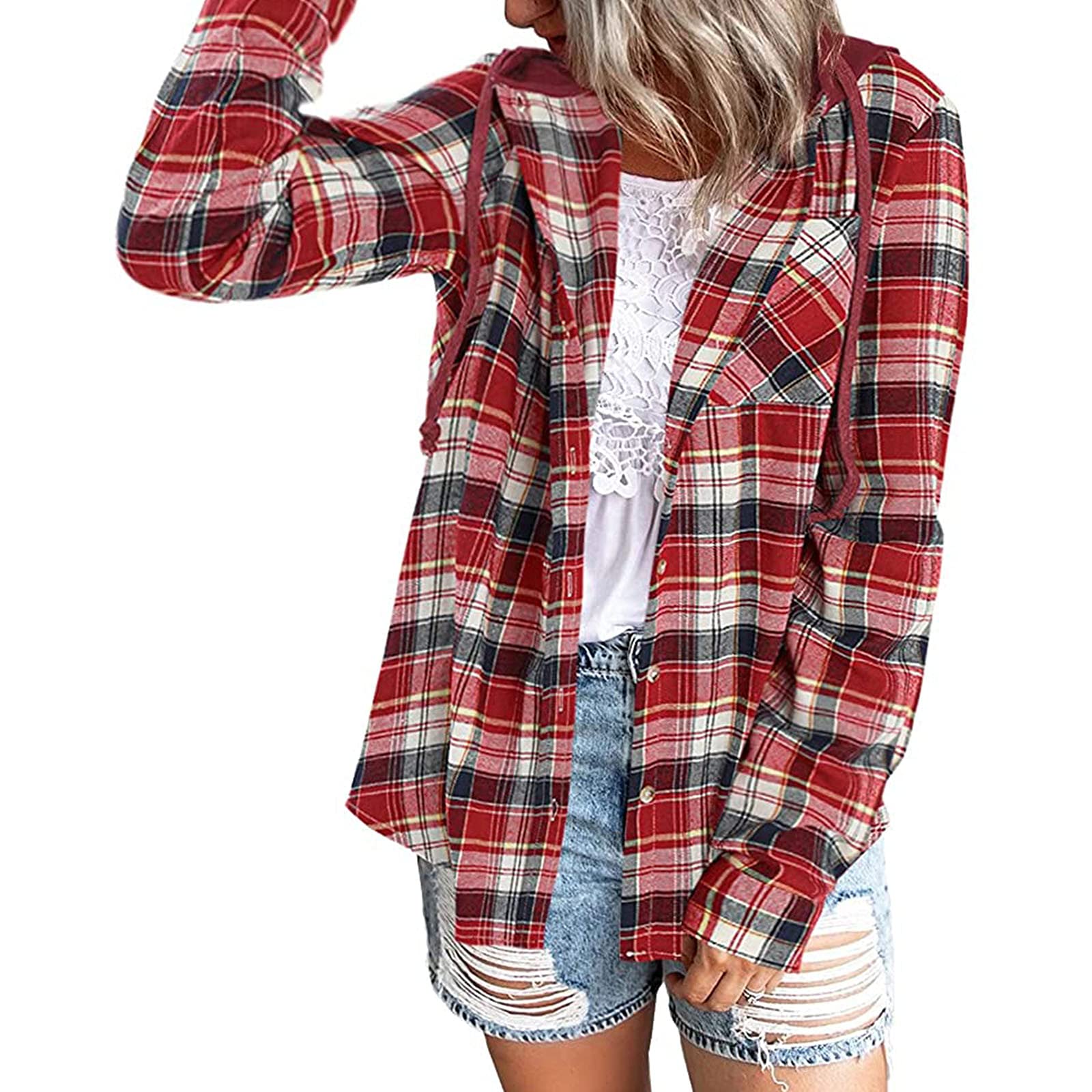 Women's Flannel Shirt with Hood - Long Sleeve Buffalo Plaid Blouse in White, Red & Pink (Wine/S) - Casual & Dressy Tops for Work, Date Night & Fall Layering