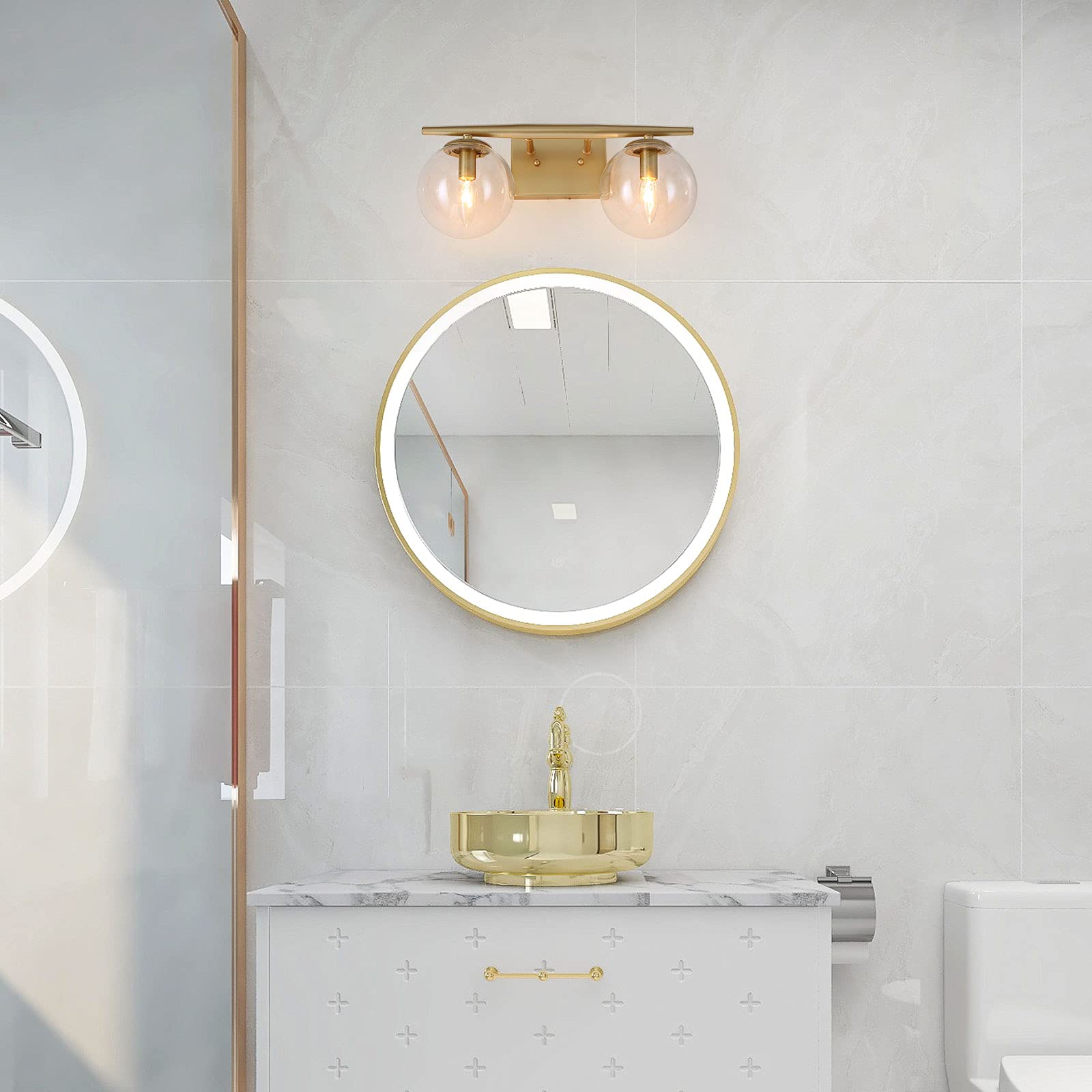 Gold Bathroom Vanity Light Fixtures - 2-Light Modern Sconce with Clear Glass Globes, 16