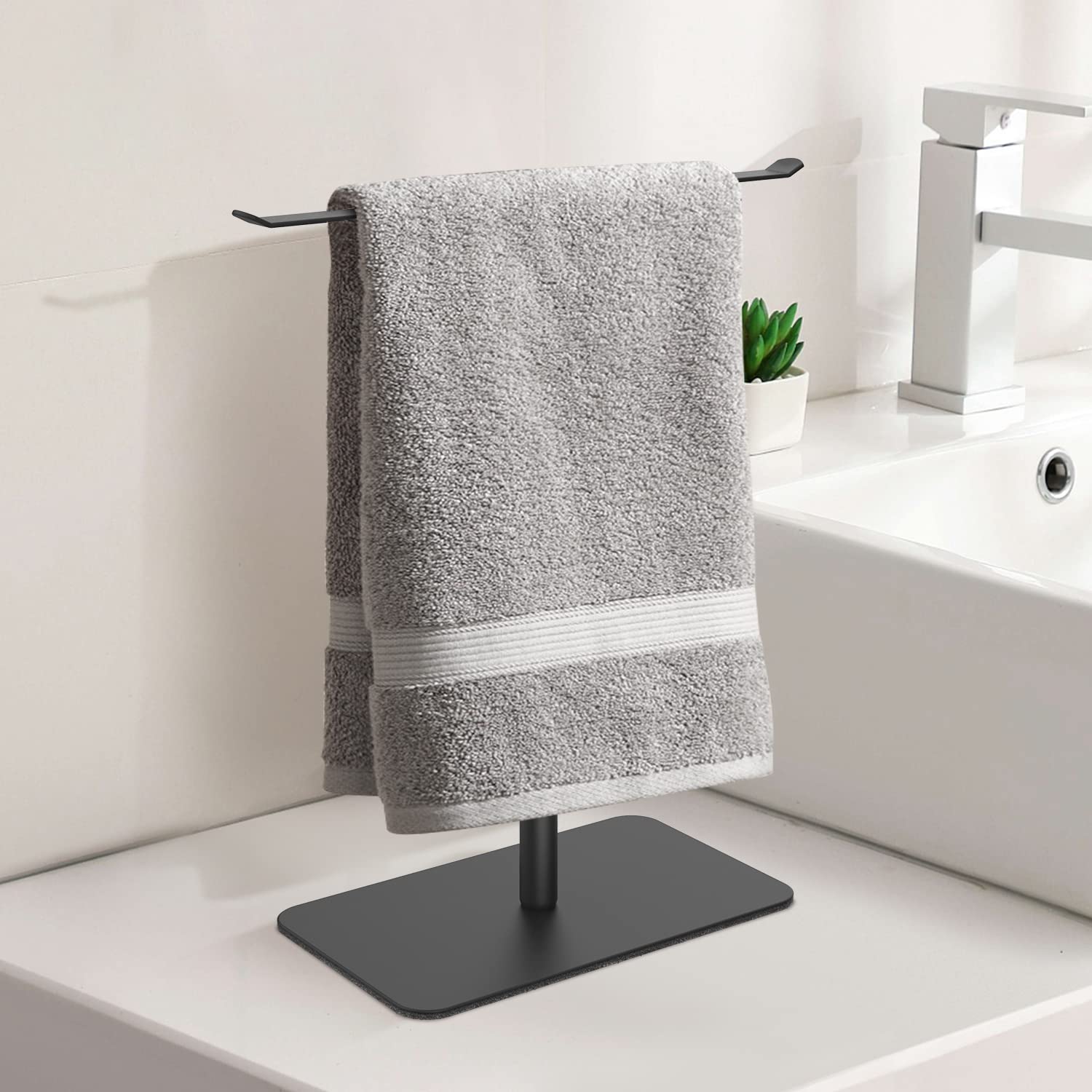 YUMORE Stainless Steel T-Shape Hand Towel Holder & Jewelry Stand with Rectangle Base - Freestanding Bathroom Countertop Organizer for Towels, Jewelry, and Accessories - Perfect for Home, Spa, and Hotel Use