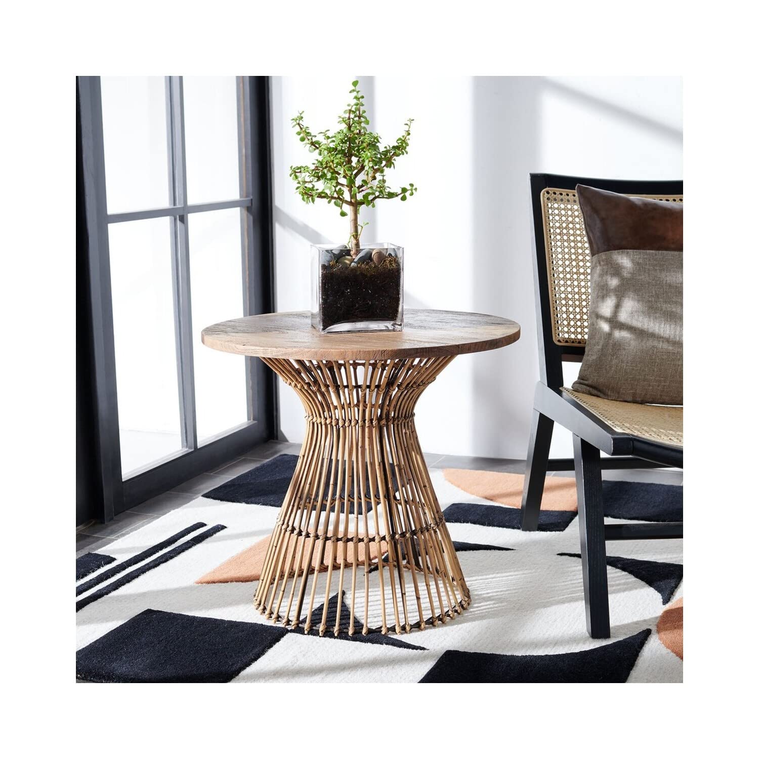 SAFAVIEH Home Collection Whent Coastal Honey Brown Wash and Black Round Accent Table - Stylish Side Table for Living Room, Bedroom & Office Decor