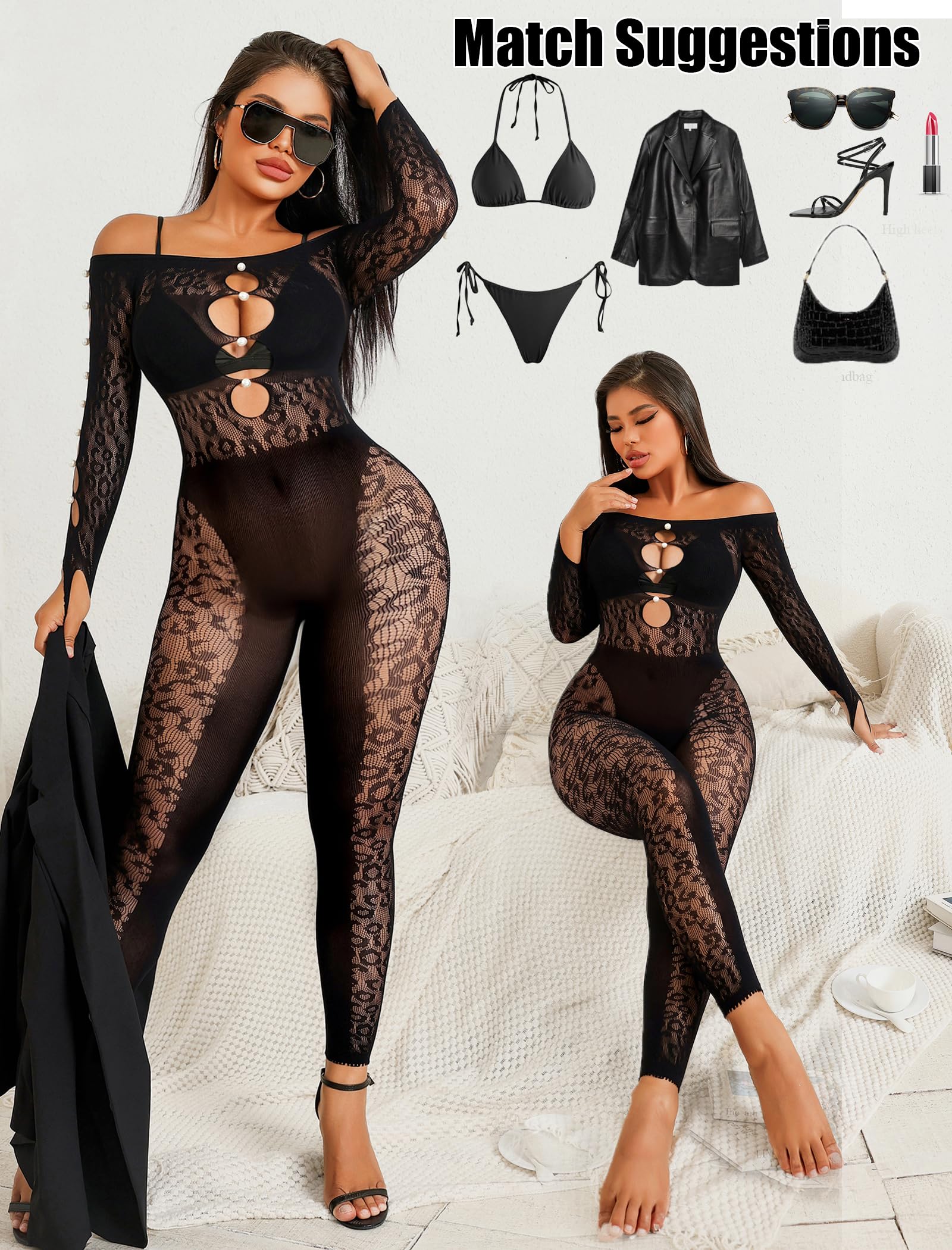 Avidlove Women's Long Sleeve Fishnet Bodystocking - Leopard Print Rhinestone Lingerie Set, Cut Out Jumpsuit for Valentine's Day & Romantic Nights