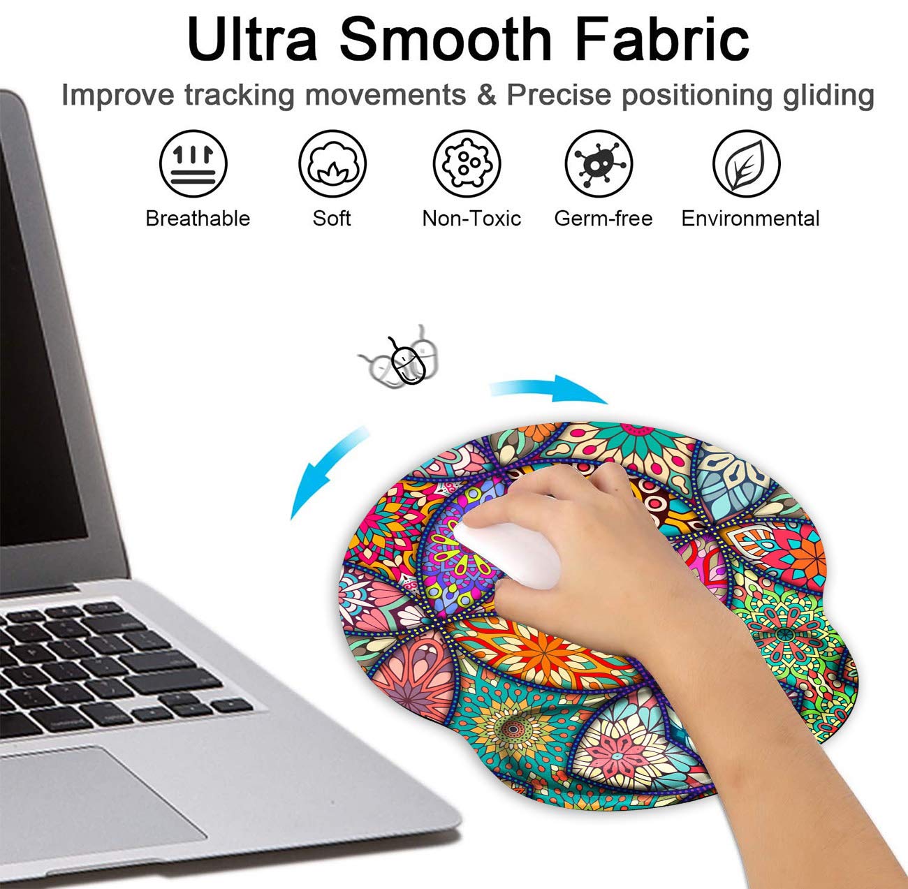 Ergonomic Mouse Pad with Gel Wrist Rest Support - Non-Slip PU Base for Pain Relief - Round Mandala Design Computer Mouse Mat for Office, Gaming & Work - Includes Bonus Mandala Cup Coaster (Perfect for Long Hours of Typing & PC Use)