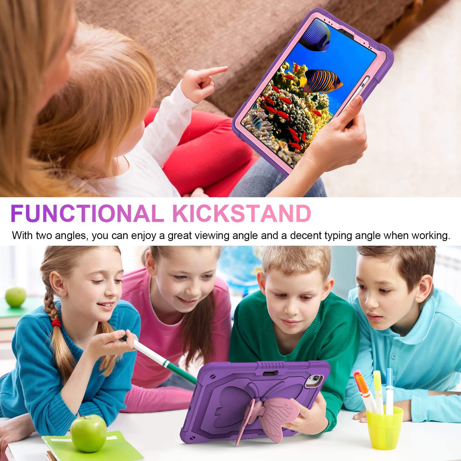 iPad Air 5th/4th Gen & iPad Pro 11 Inch Case (2022) with Screen Protector - Butterfly Stand, Strap, Pencil Holder & Hard Cover for Kids Girls - Purple | Perfect for School, Travel & Playtime