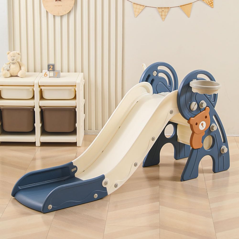 4-in-1 Foldable Plastic Toddler Slide with Basketball Hoop & Ball - Indoor/Outdoor Playground Slide for Kids Ages 1-3 Years (Blue) | Perfect for Backyards, Playrooms & Daycare Centers