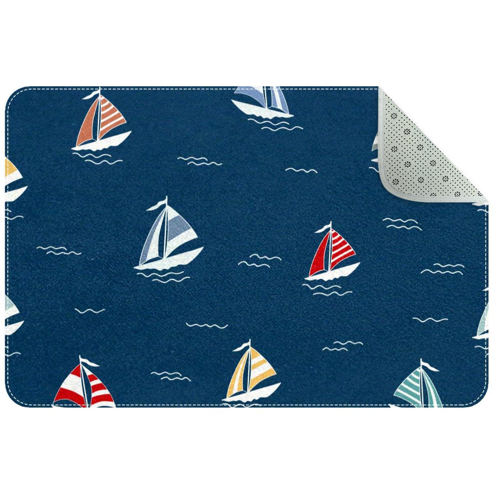 Non-Slip Washable Navy Blue Door Mat with Red Yellow Blue Sailboat Pattern - 24 x 16 Inch Indoor Outdoor Entrance Bathroom Rug - Perfect for Coastal Homes, Beach Houses & Nautical Decor
