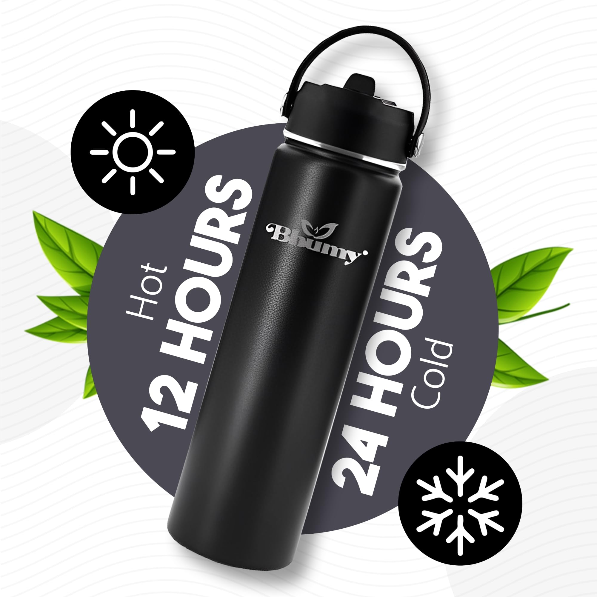24oz Double Wall Vacuum Insulated Stainless Steel Water Bottle with Straw & 2 Lids - Leakproof BPA-Free Sports Bottle for Gym, Hiking, Office & Travel - Keeps Drinks Cold 24Hrs/Hot 12Hrs