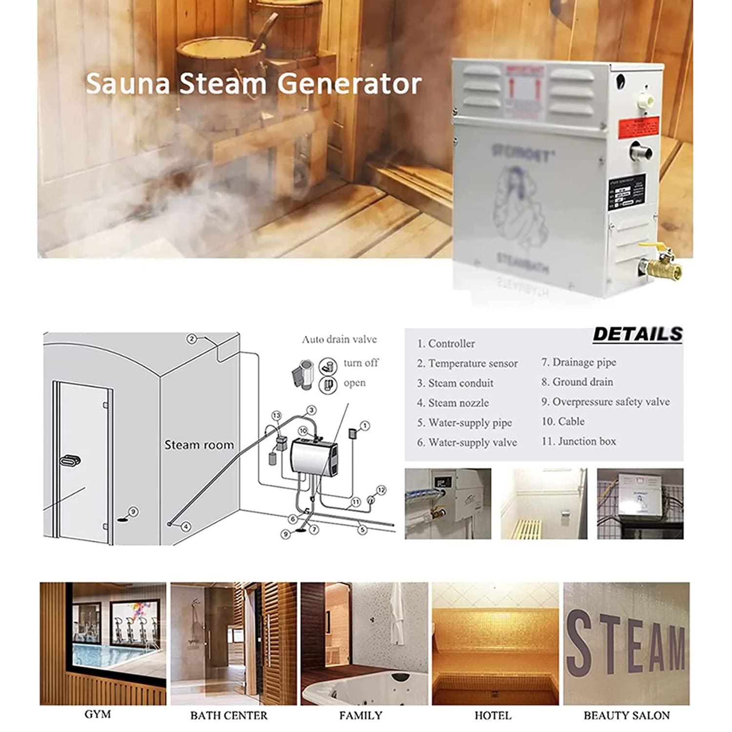 380V 8KW Sauna Steam Generator - Home Spa Shower Steamer with Waterproof Control & Auto Drain for Bathroom, Steam Room & Relaxation Therapy