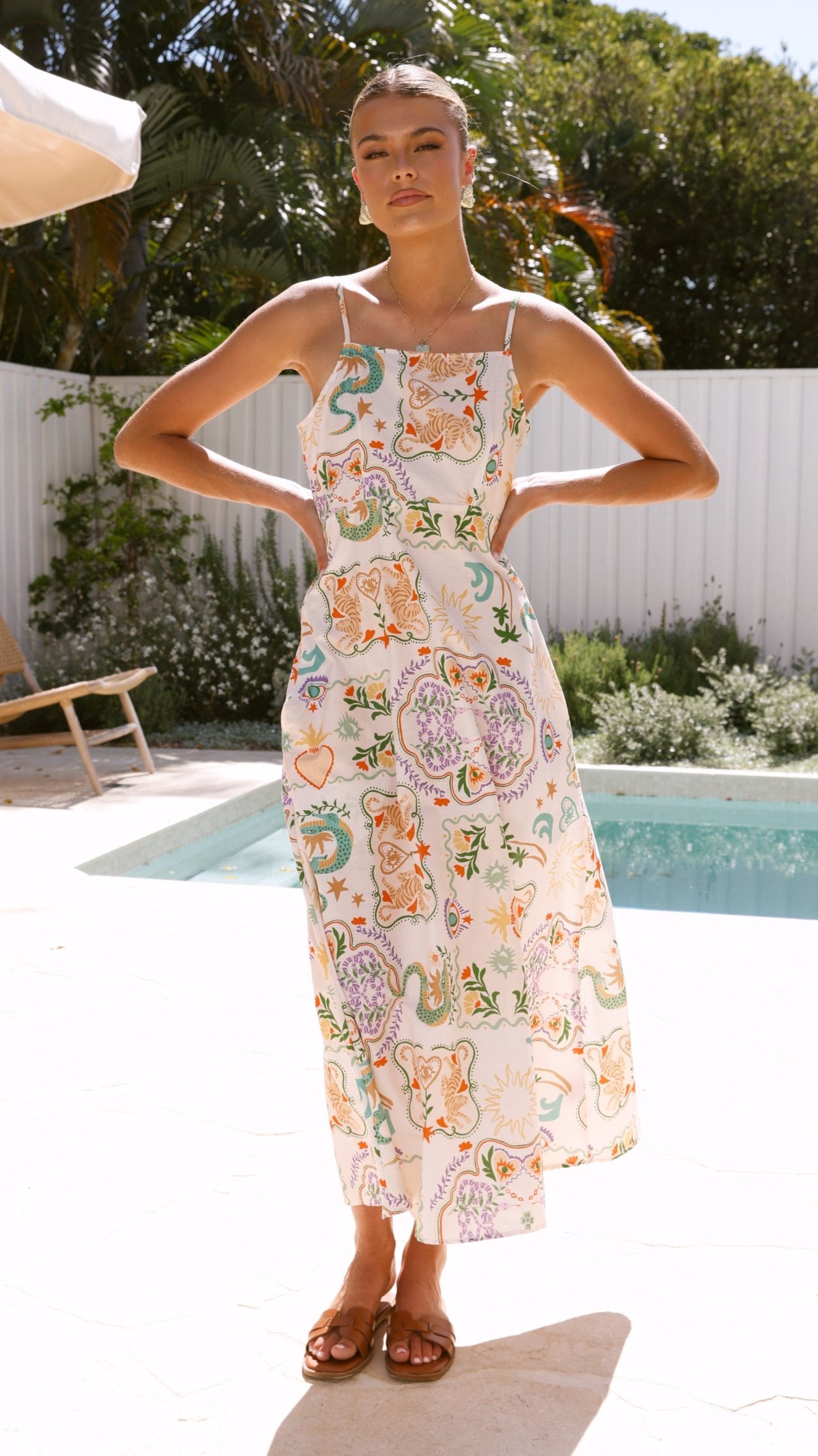 Jungle Secret Midi Dress - Floral & Tropical Print Women's Summer Dress for Beach Vacation & Boho Party