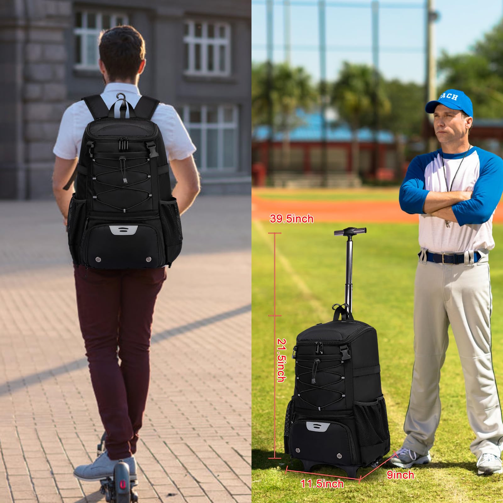 Best Youth & Adult Softball Baseball Rolling Bat Bag - Lightweight Wheeled Equipment Backpack with Shoe Compartment & Fence Hook for T-Ball & Helmet - Perfect for Games, Practice & Travel