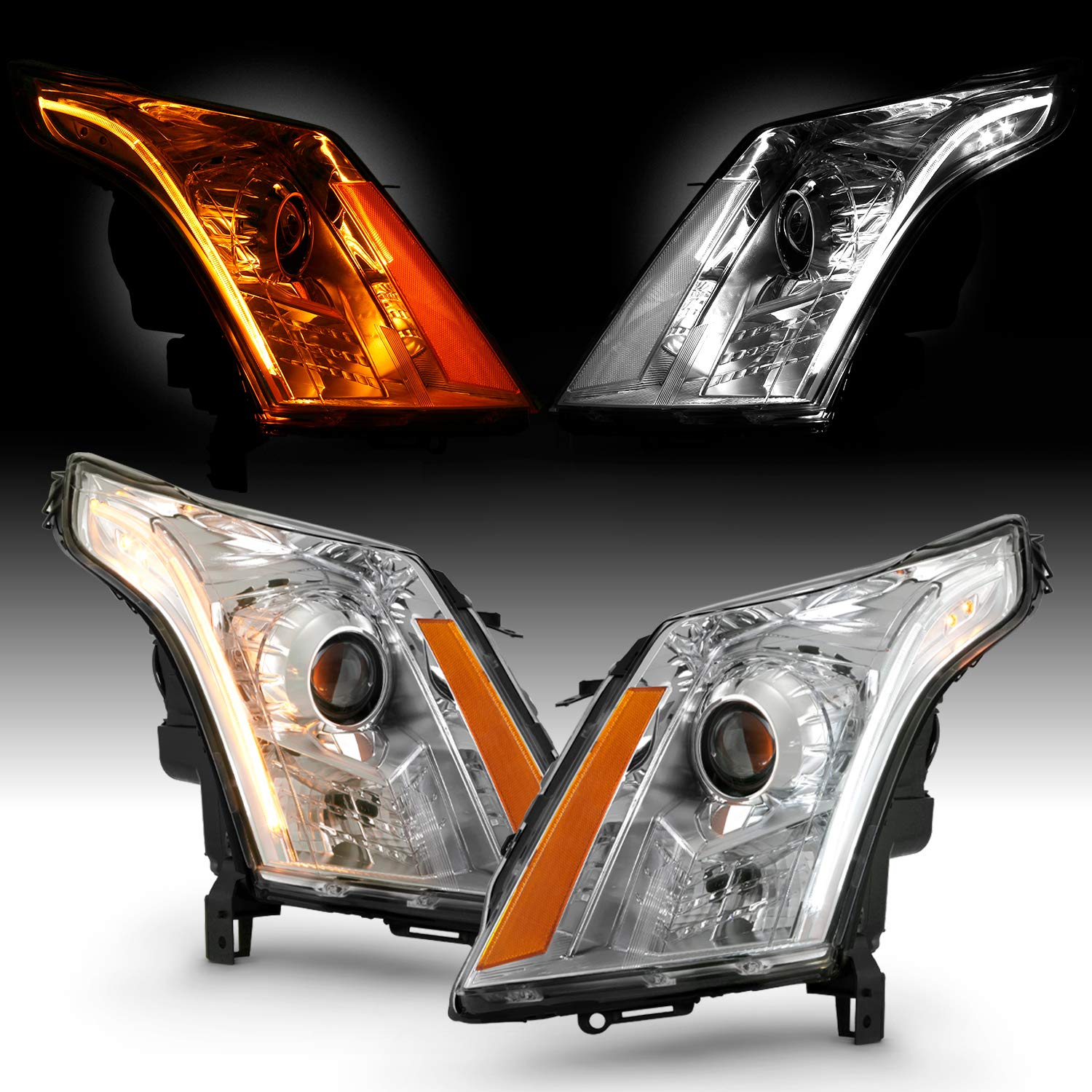 AKKON LED Switch-Back DRL Projector Headlights for 2010-2014 Cadillac SRX (Halogen Model) - Chrome Housing - Upgrade Your Car Lighting for Night Driving & Enhanced Visibility